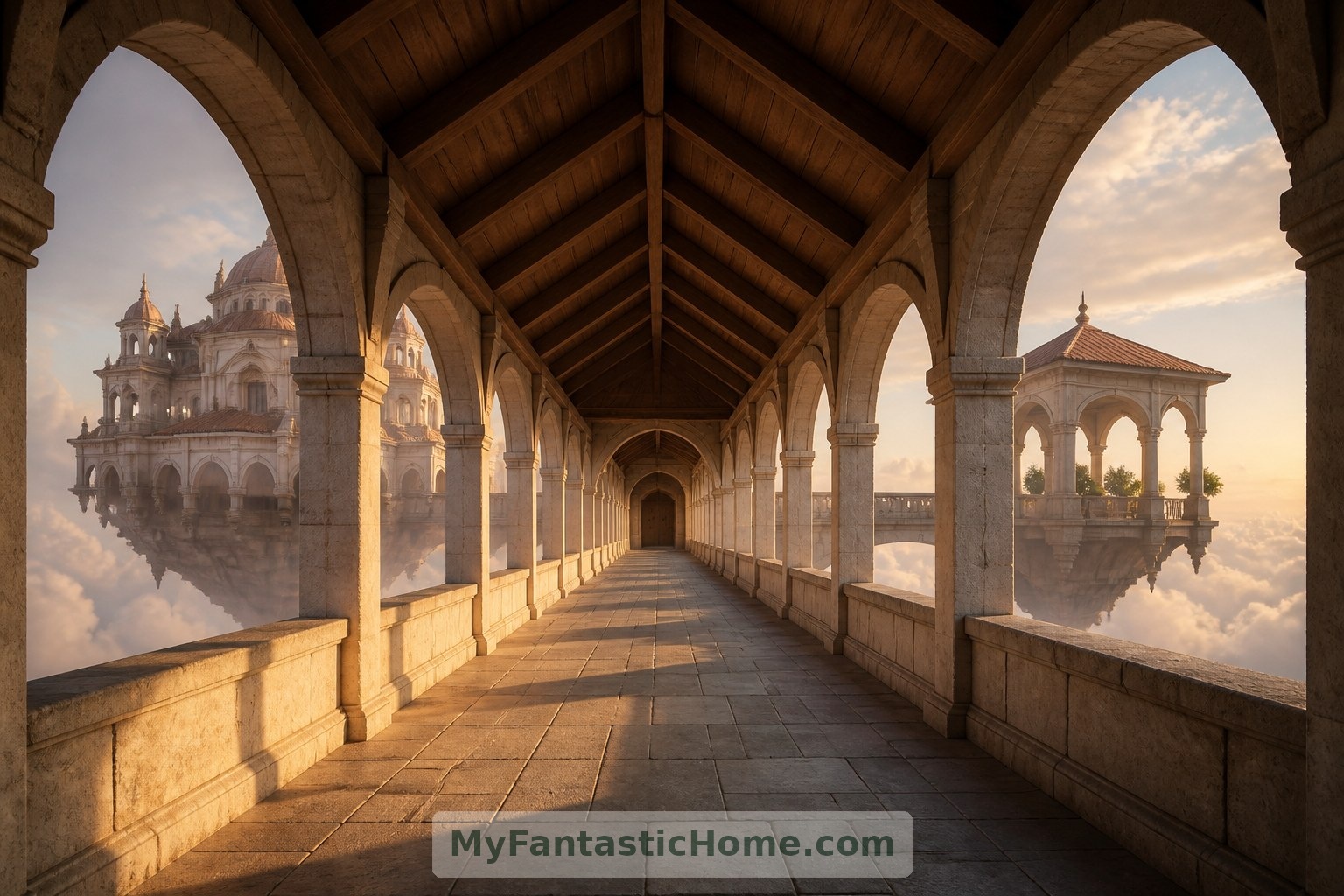 Repeated arches and solid parapets give this fictional connecting bridge a sheltered architectural rhythm.