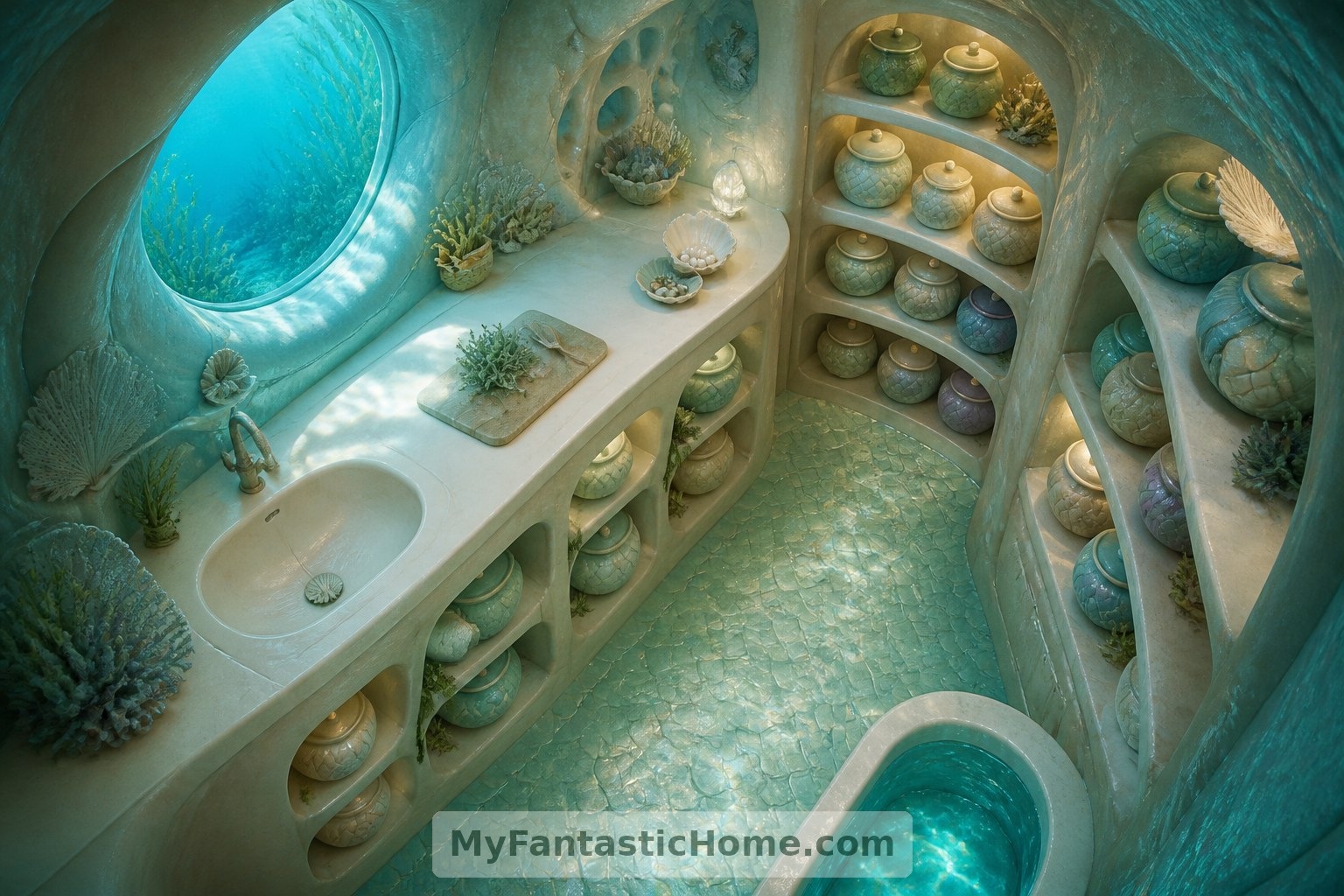 Fitted ceramic containers and clear preparation surfaces bring familiar kitchen organization into the imagined underwater household.