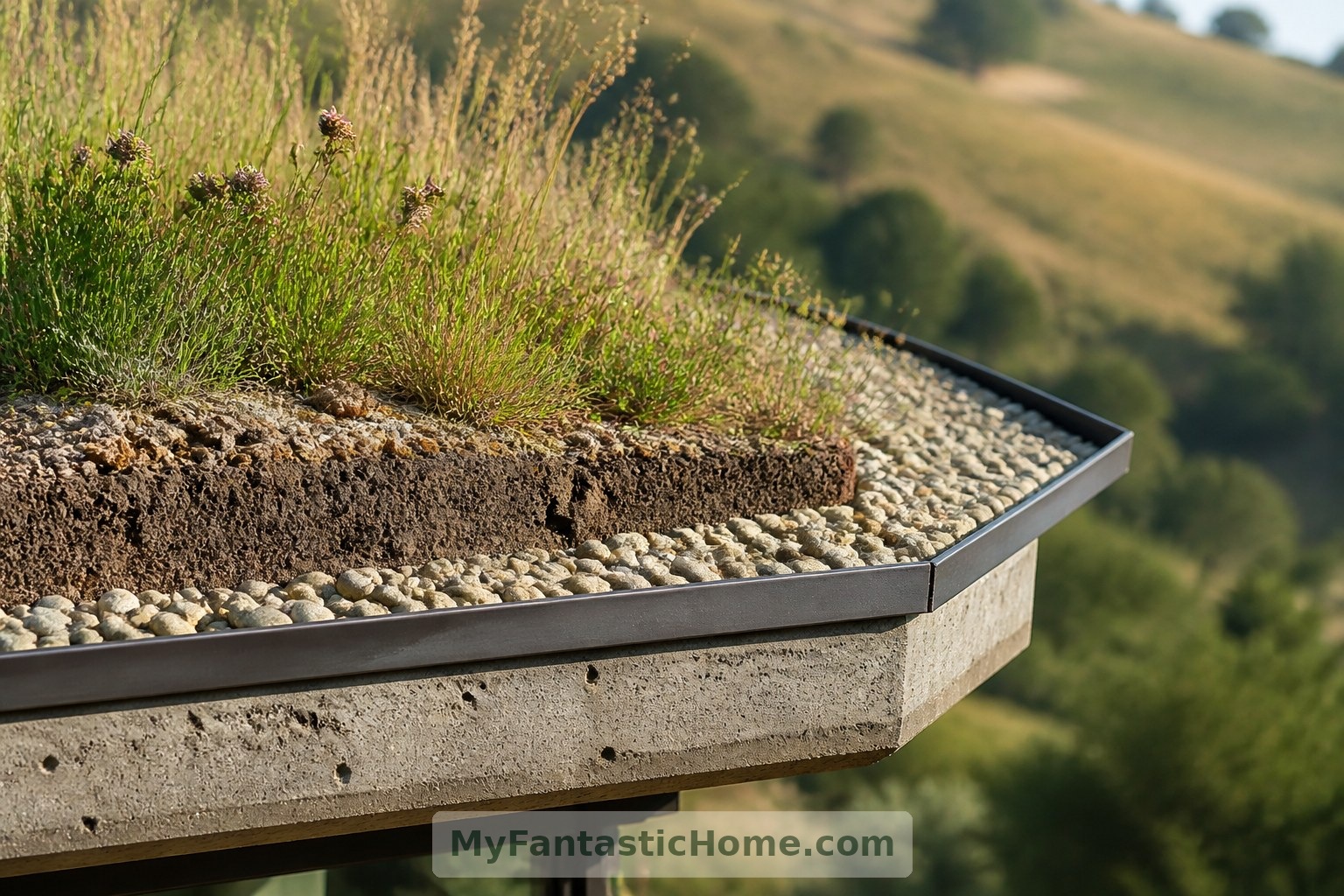 This conceptual roof-edge detail shows planting beside a gravel inspection margin; the complete roof assembly would require specialist design.