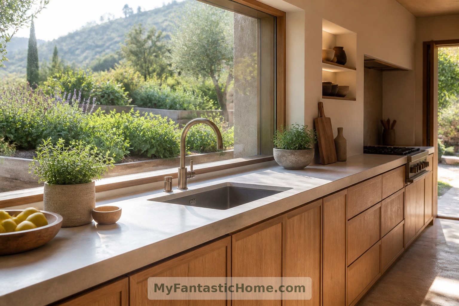 The imagined kitchen places everyday work beside daylight, garden views and an outdoor herb bed.