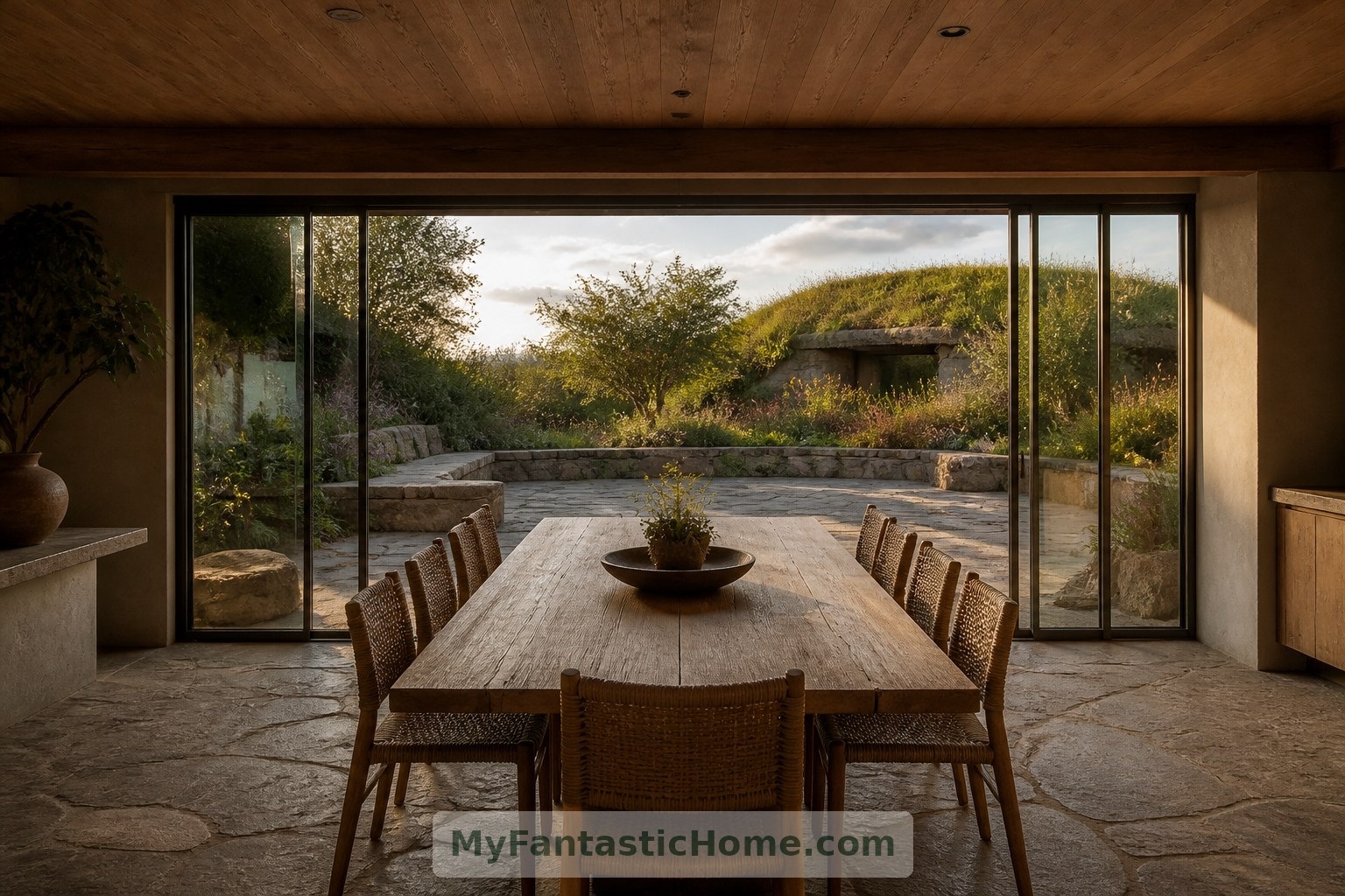 A timber dining table anchors this imagined indoor-outdoor setting, with sliding doors opening onto an uncovered terrace.