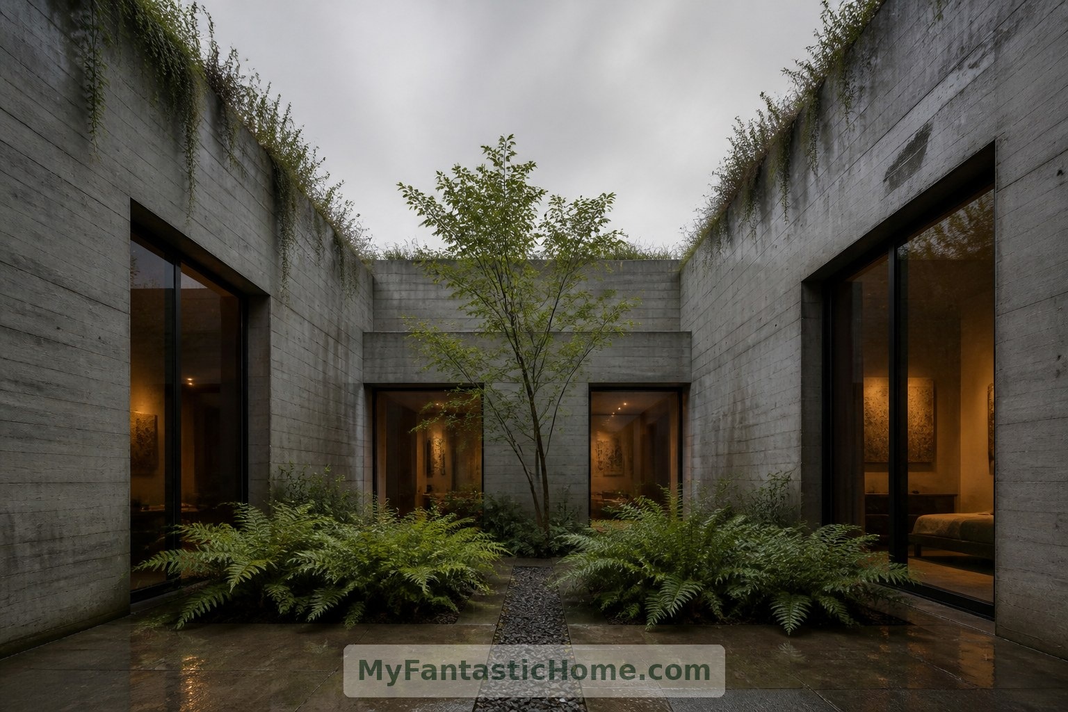 An open-to-sky courtyard brings planting and changing weather into the center of this imagined home.
