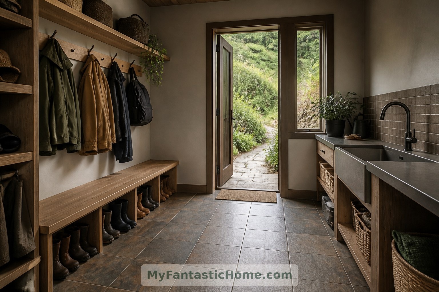 Boot storage, a utility sink and washable flooring bring practical comfort to this imagined side entrance.
