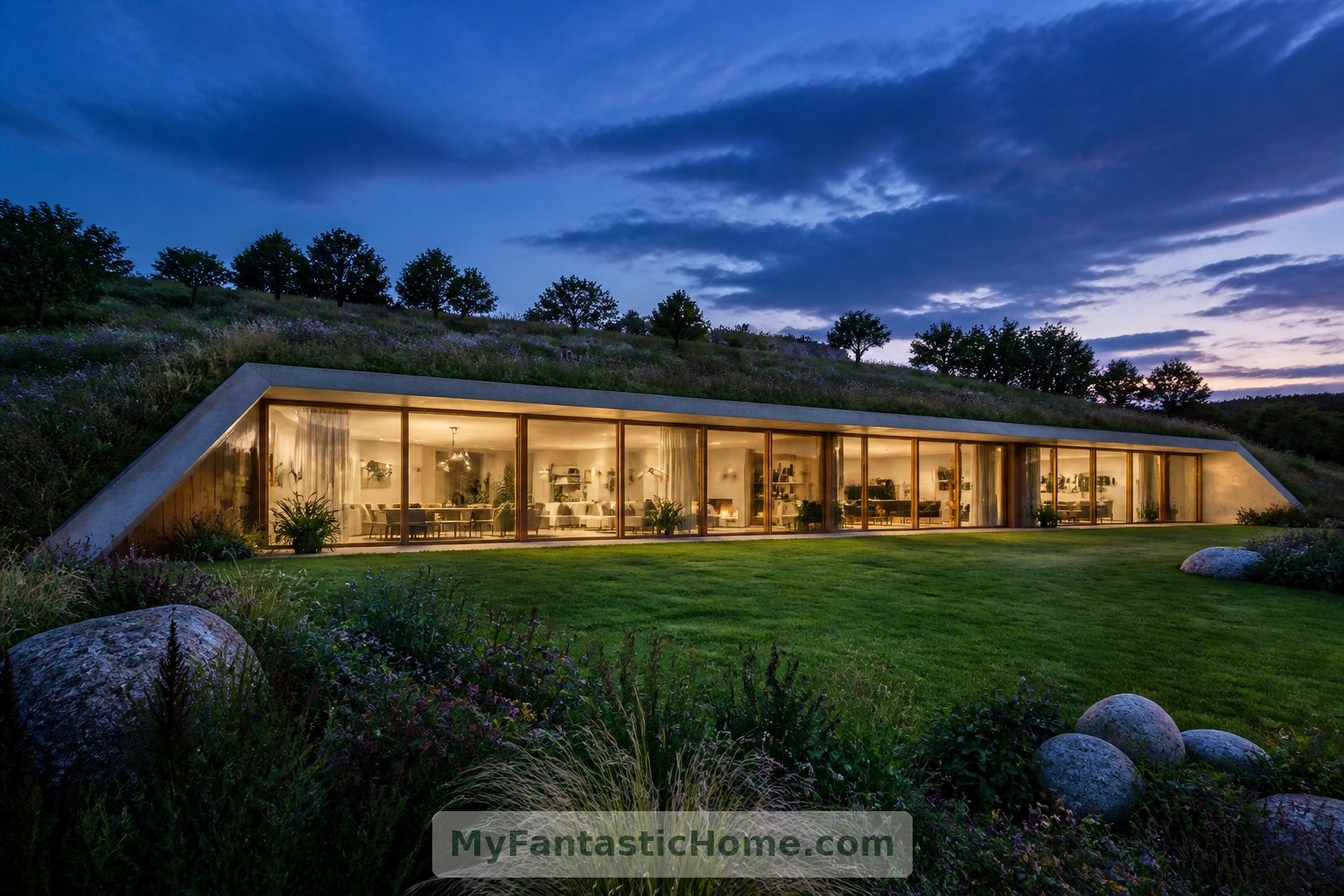 At dusk, the imagined home's illuminated facade reveals the rooms beneath its gently planted roof.