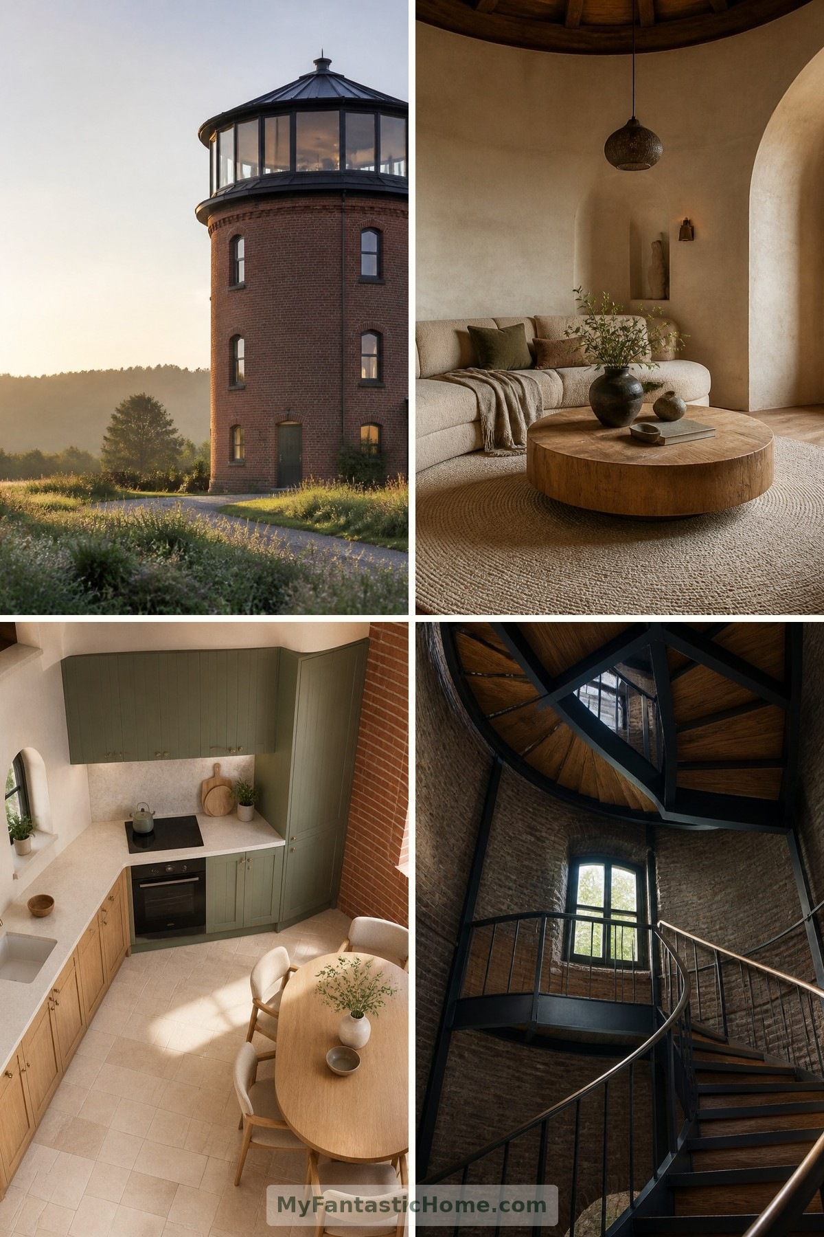 Inside a Restored Water Tower Home: Circular Rooms and Panoramic Views — four-image collage cover