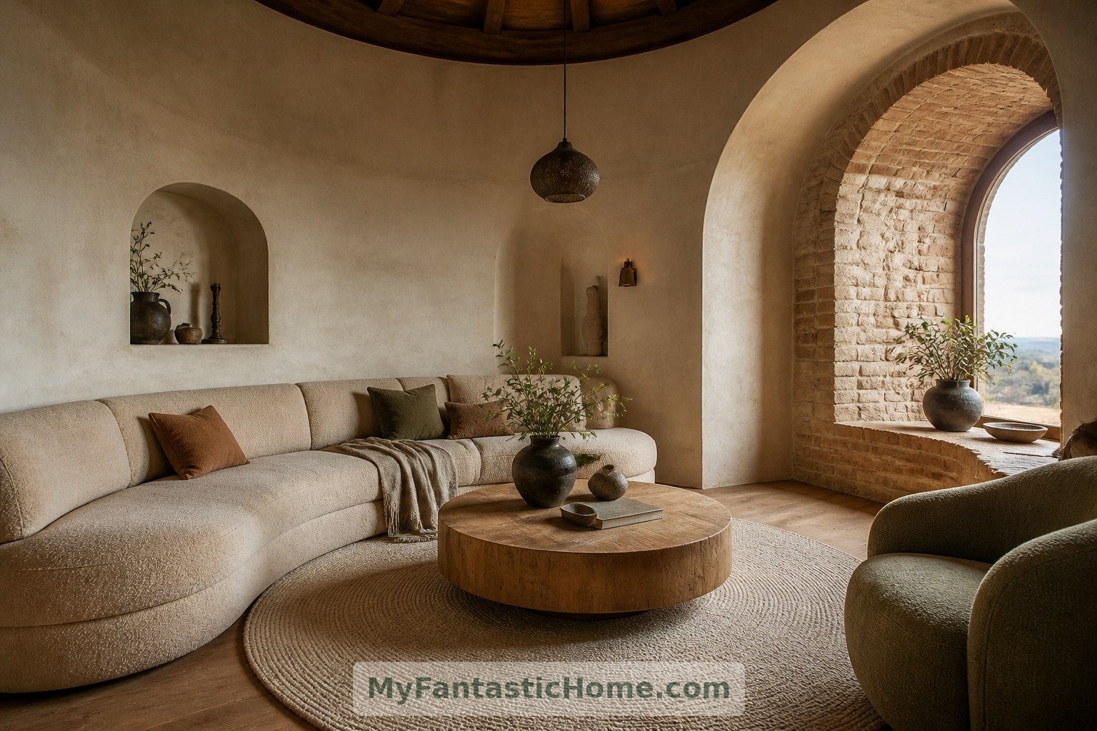 Curved seating and a round table make the circular living room feel comfortable and sociable.