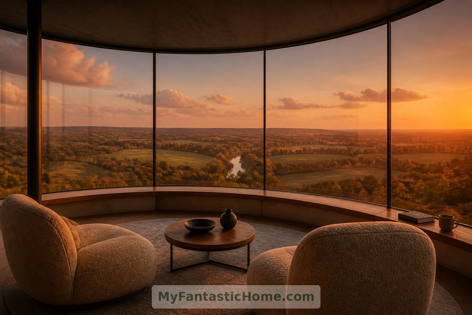 Low furniture preserves the imagined upper lounge’s long views across the surrounding landscape.