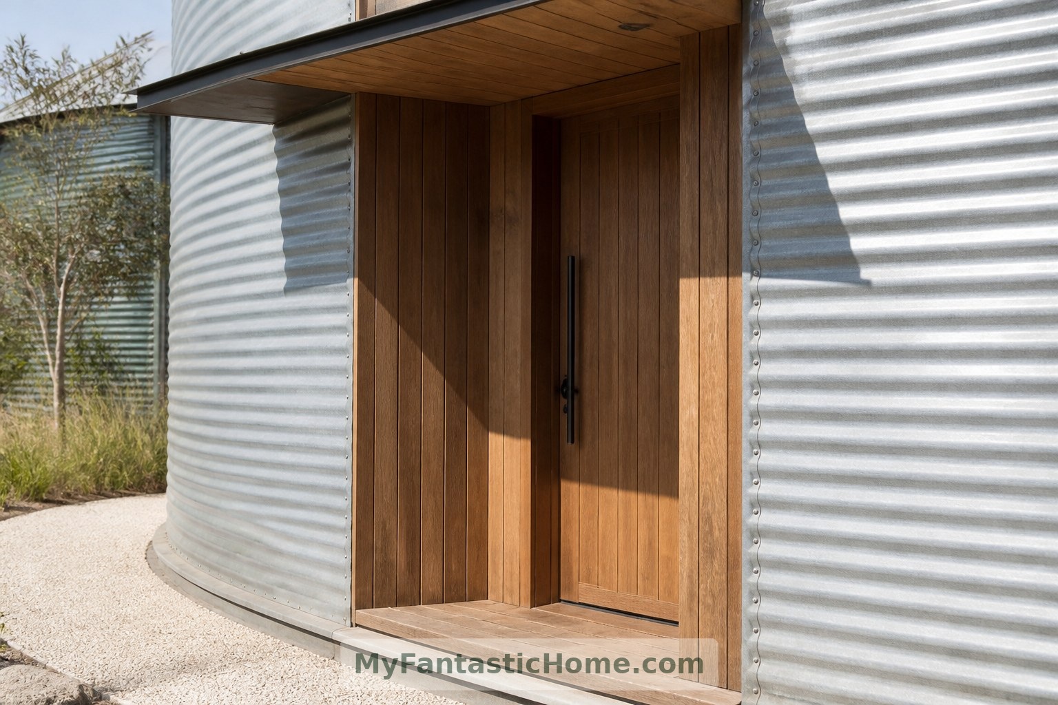 Imagined entrance detail: recessed timber joinery brings warmth and shelter to the corrugated-metal shell.