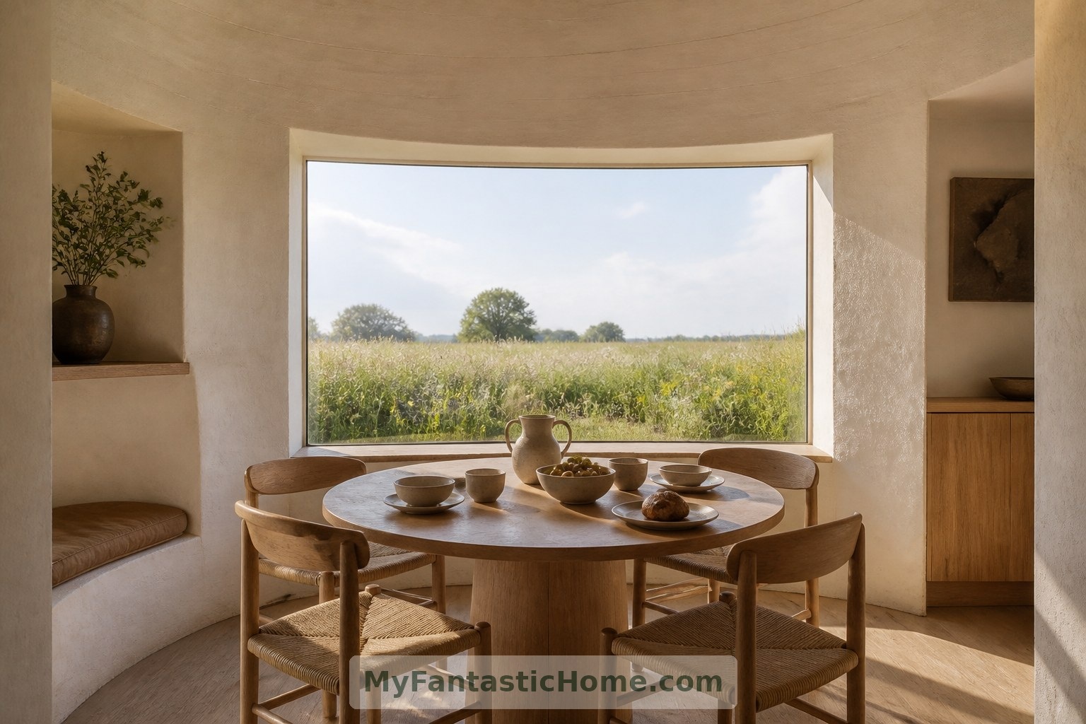 Imagined dining nook: a round table and carefully positioned window make room for everyday views of the landscape.
