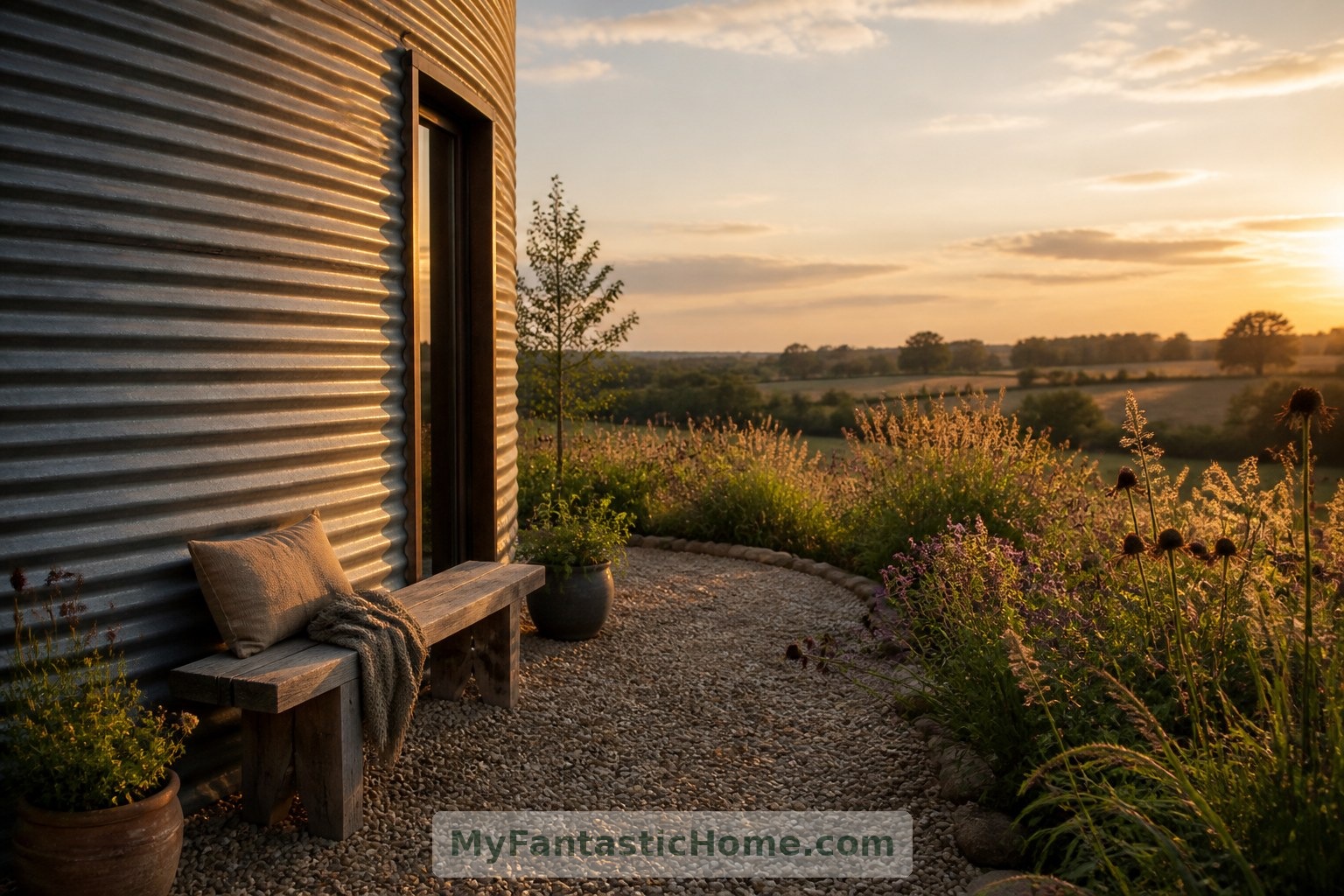 Imagined terrace: gravel, meadow planting and a simple bench provide a quiet outdoor counterpart to the steel cylinder.
