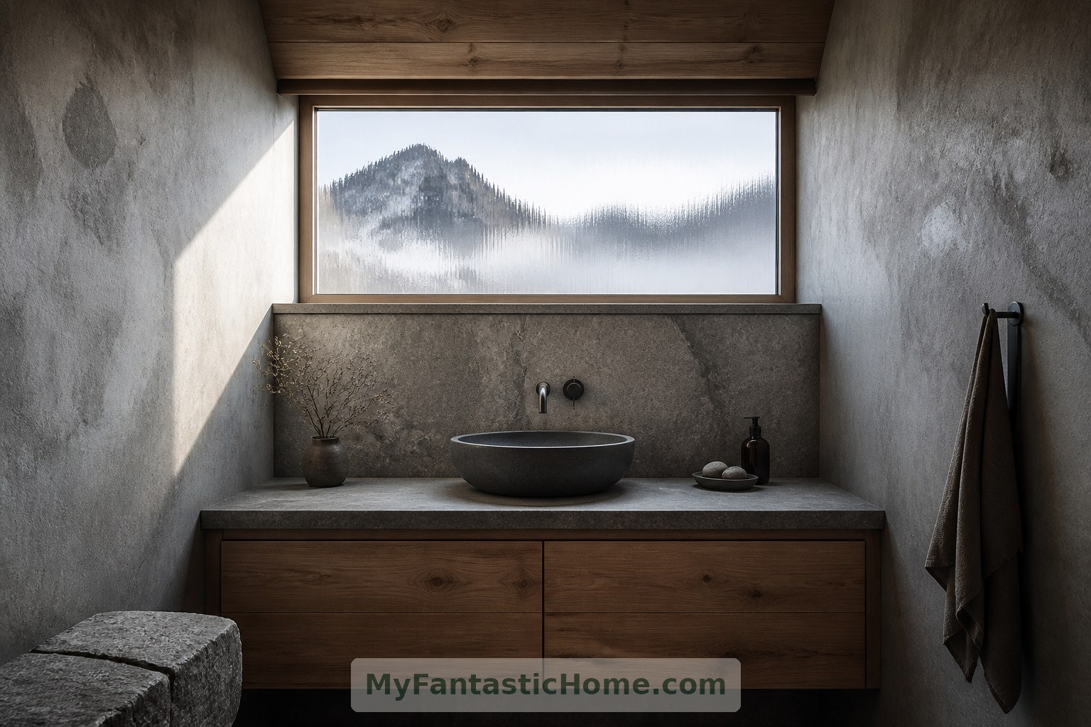 A high window brings soft daylight into the concept’s compact, private washroom.
