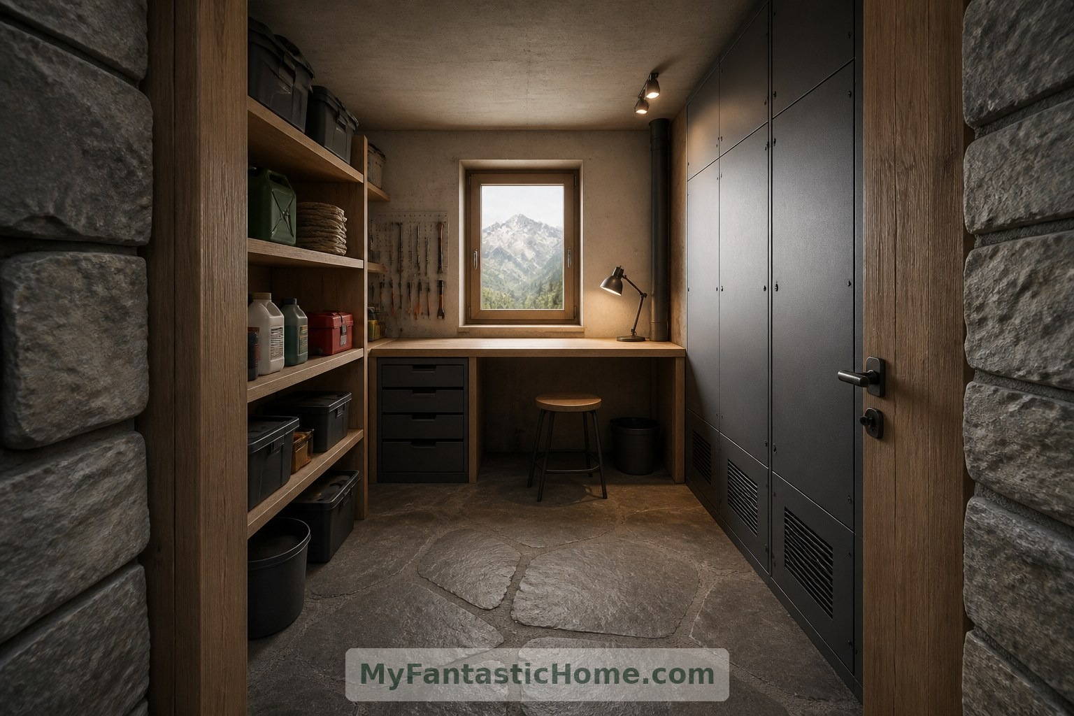 Dedicated utility space acknowledges the maintenance that a real remote shelter would require.