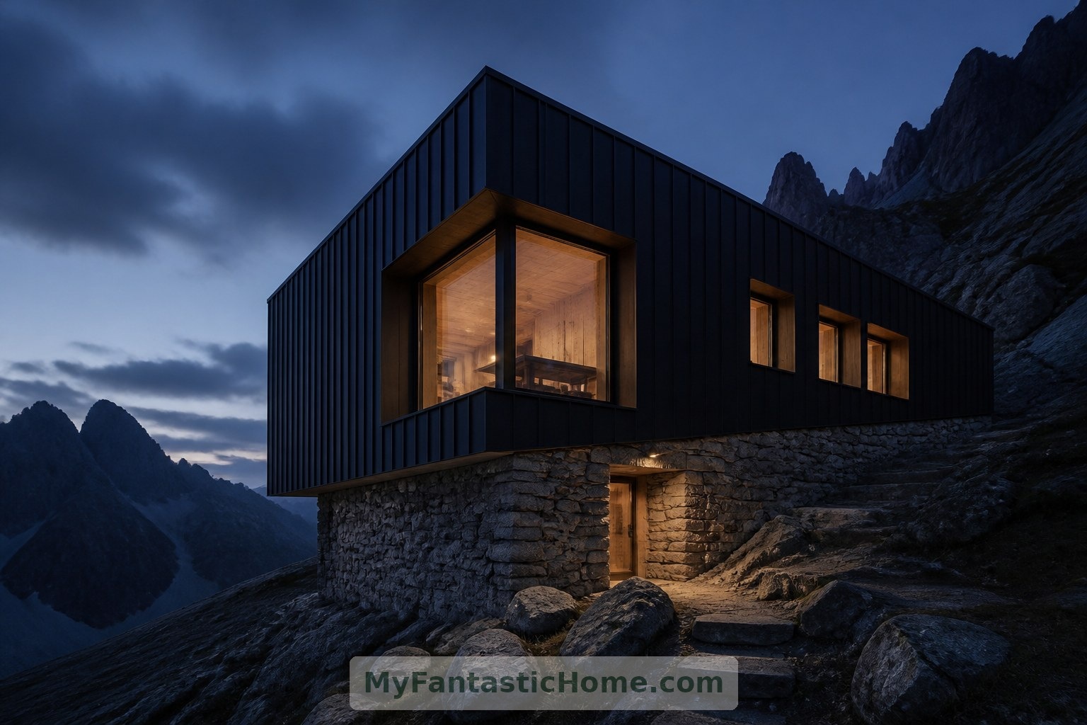 Deep reveals and restrained exterior lighting give the fictional shelter a quiet nighttime presence.