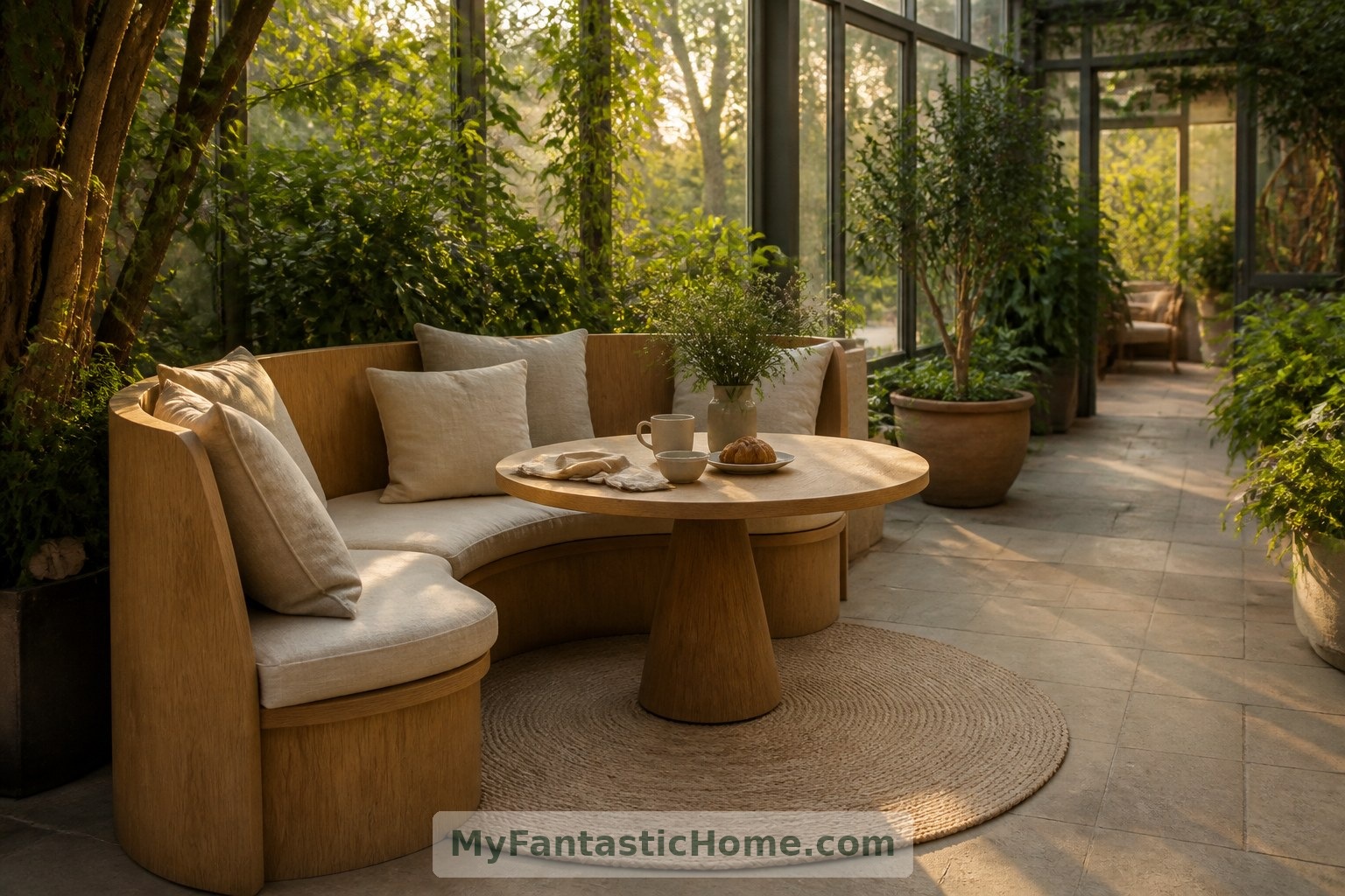 A timber bench and breakfast table turn the garden into a room for daily use, rather than simply a display of plants.
