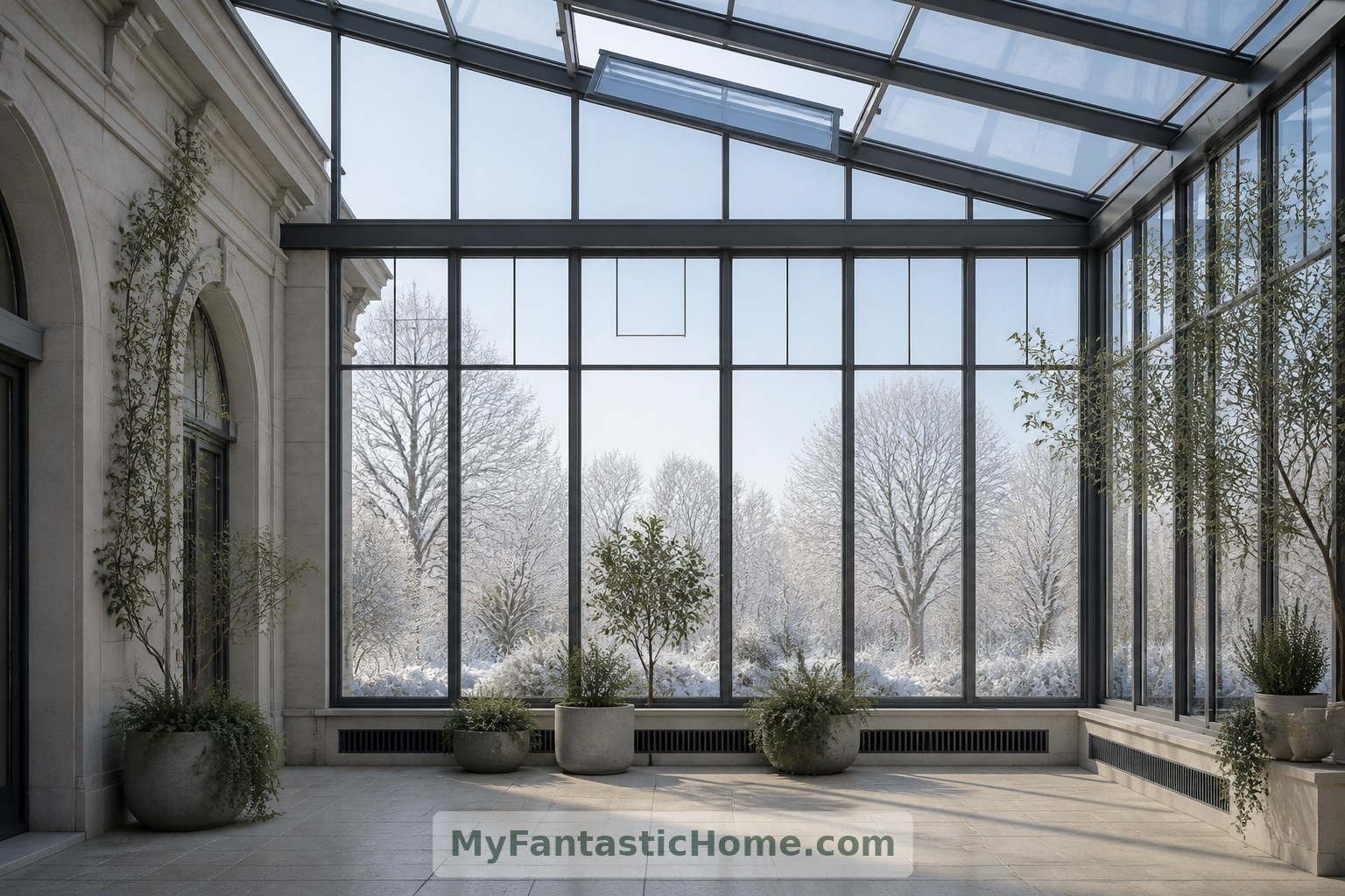 An open roof vent and low grille are visible within the winter garden’s tall glazed enclosure.
