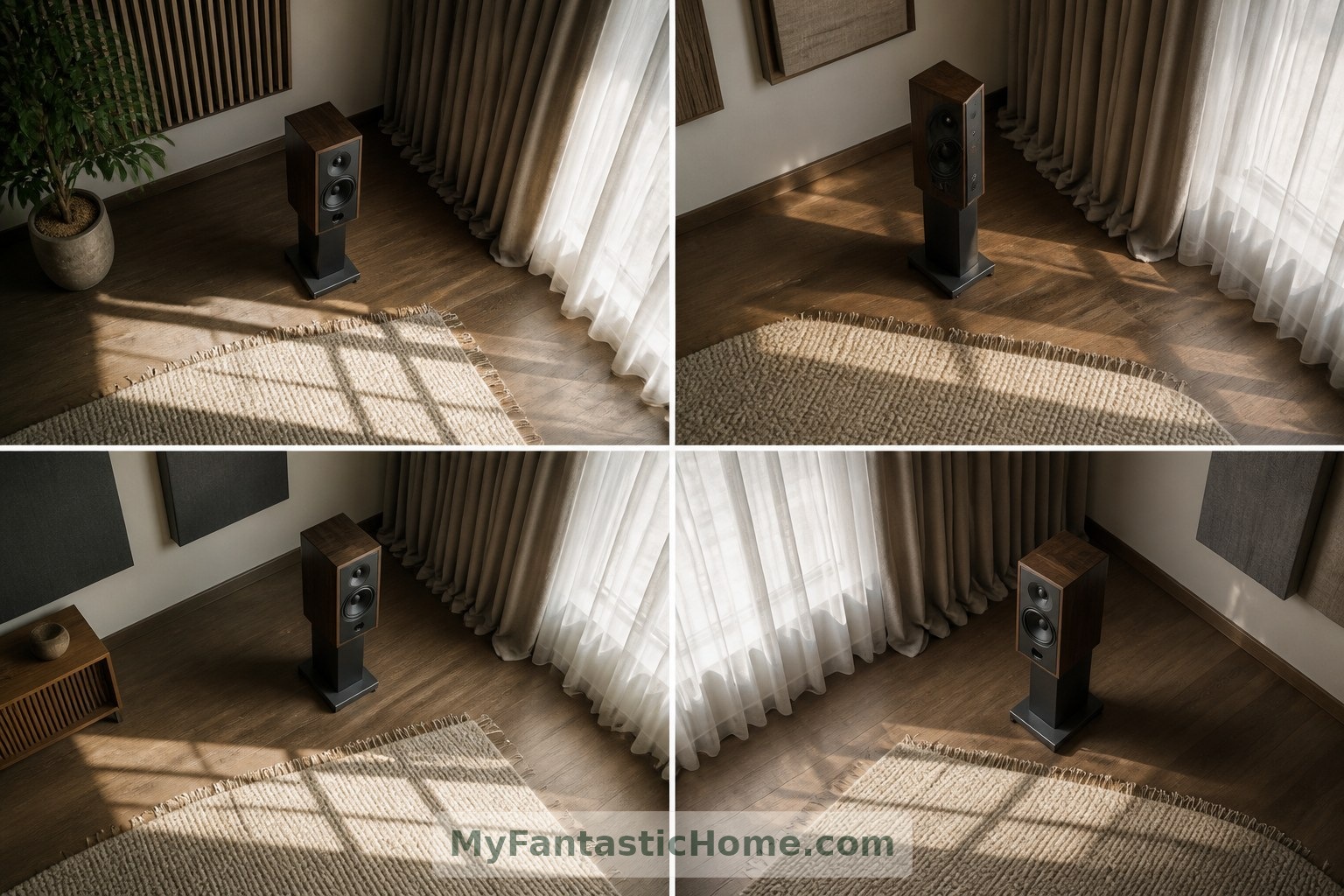 Curtains and a generous rug introduce soft surfaces, while speaker placement remains open to adjustment.