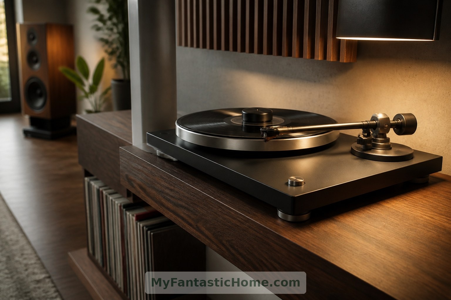 A turntable sits on a dark timber cabinet, with records stored on the shelf below.