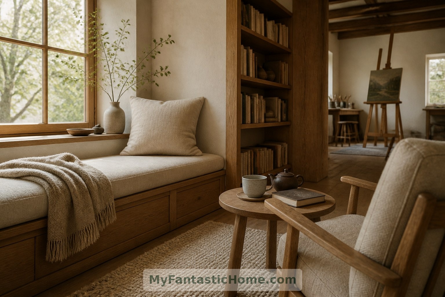 The reading corner offers a comfortable place to pause and assess artwork from a distance.