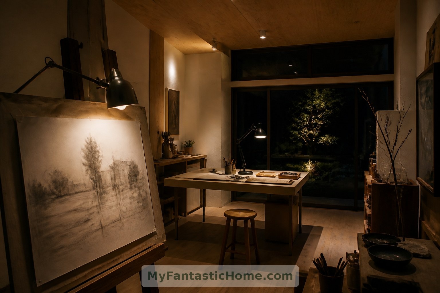After dark, layered lighting keeps the imagined workspace welcoming while directing light onto the task at hand.