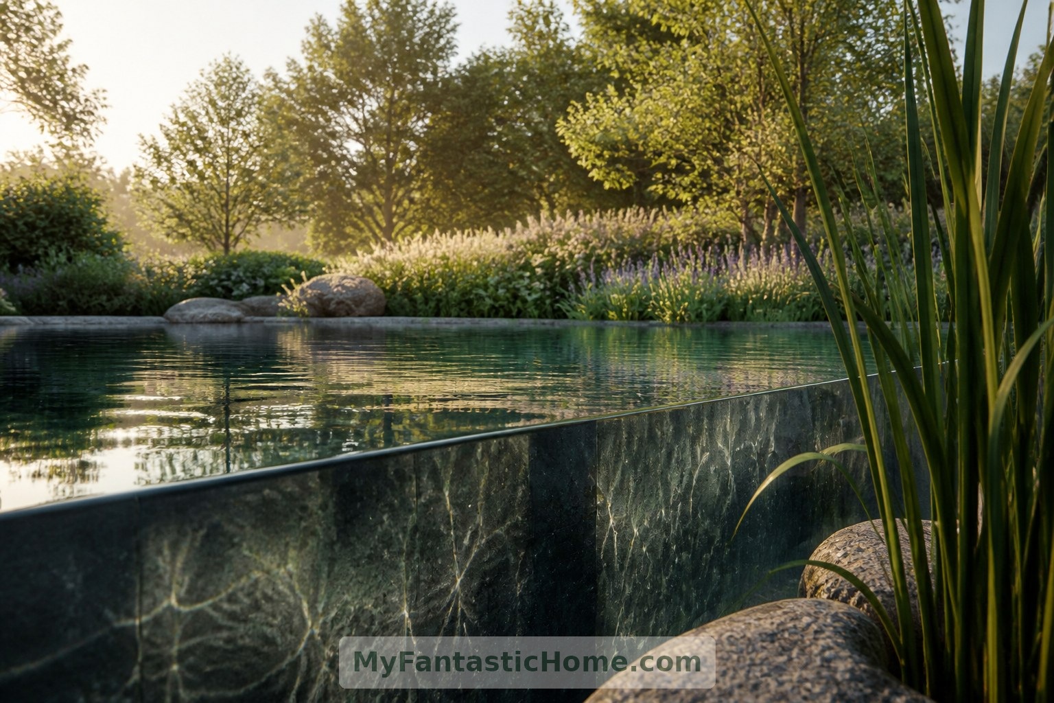 A defined swimming zone can sit within a softer landscape of planted banks and reflected sky.