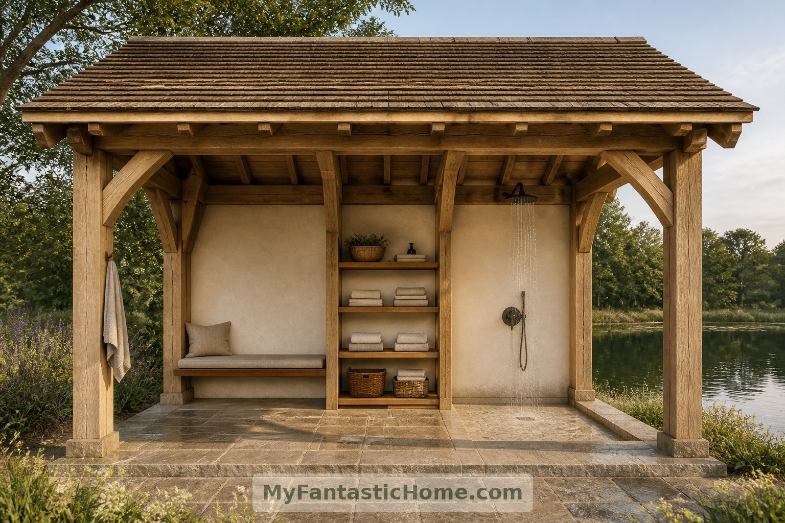 The imagined oak pavilion provides a sheltered place to change, store towels and rinse off.
