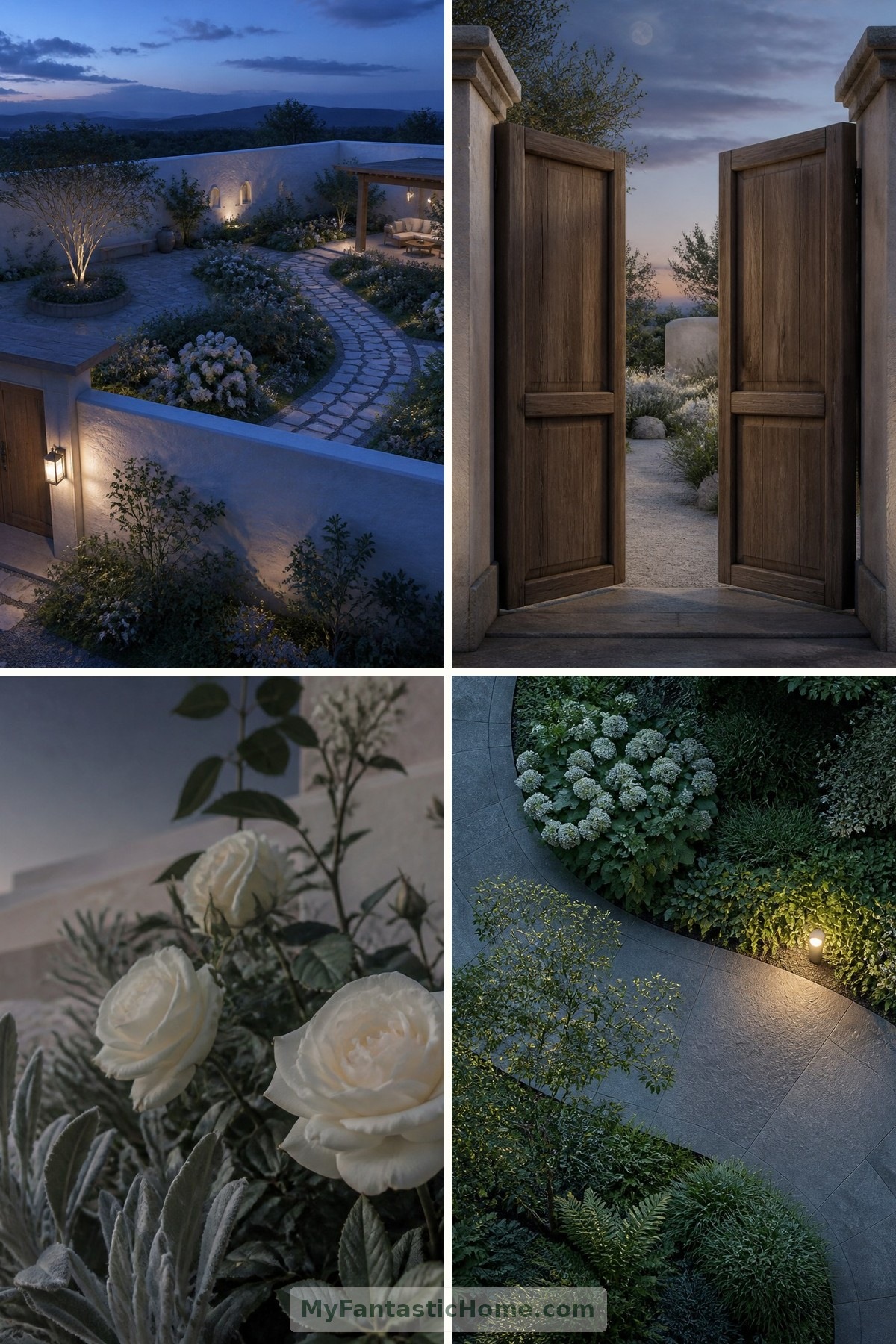 Walled Moon Gardens: Pale Flowers, Fragrant Paths and Places to Sit After Dark — four-image collage cover