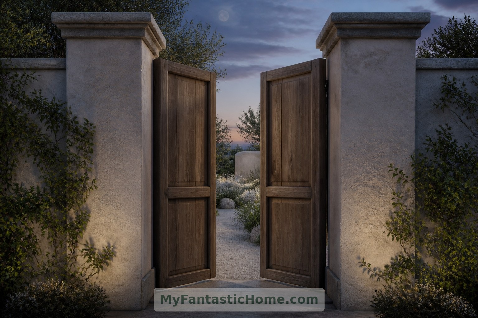 A timber gate and broad stone wall copings give the garden entrance a welcoming sense of enclosure.