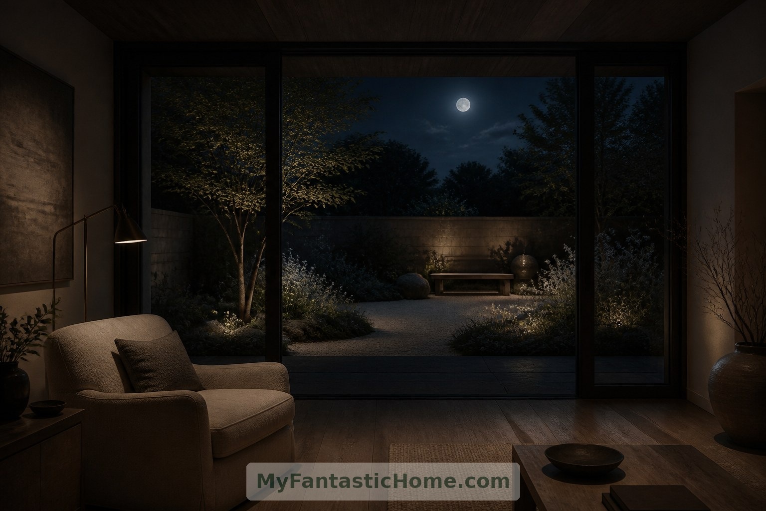 Seen from the living room, the imagined moon garden becomes a quiet extension of the home.