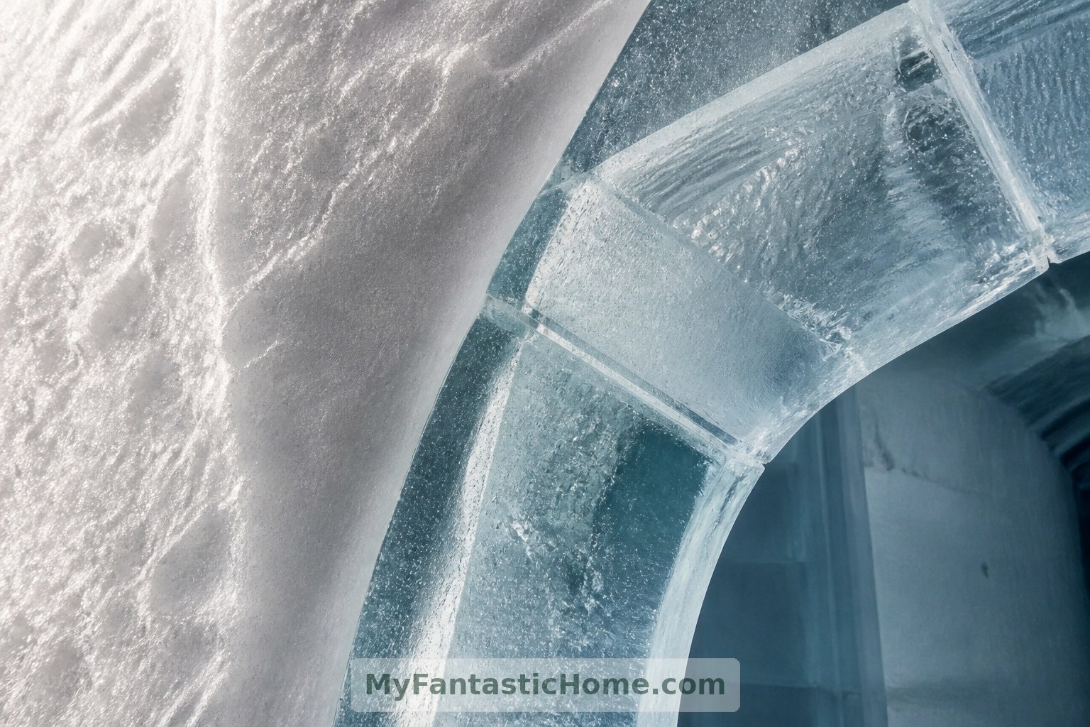 Conceptual material detail: opaque snow contrasts with clearer ice, where bubbles and carving marks remain visible.