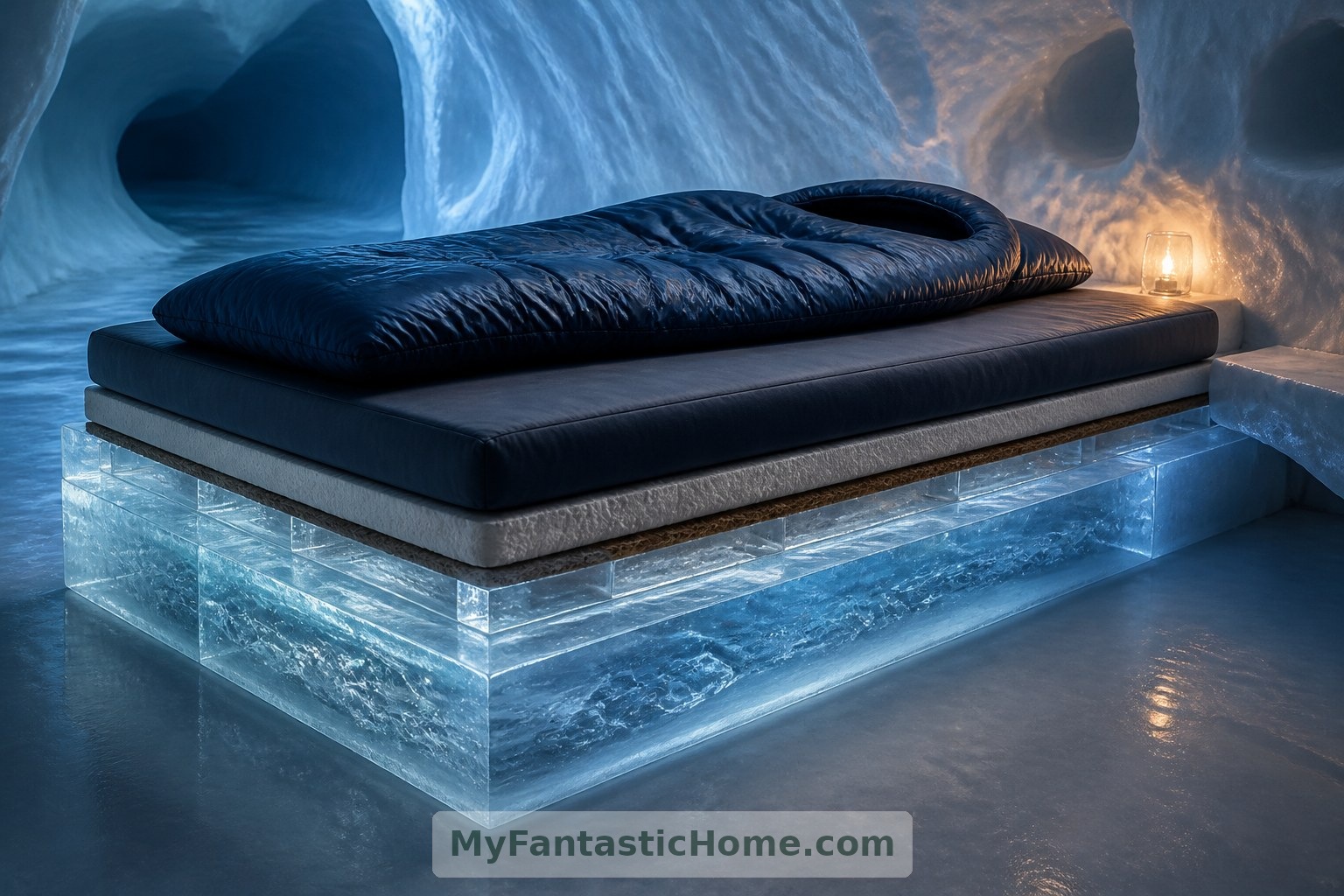 Conceptual sleeping arrangement: a mattress and insulating layers separate the sleeper from the ice base.