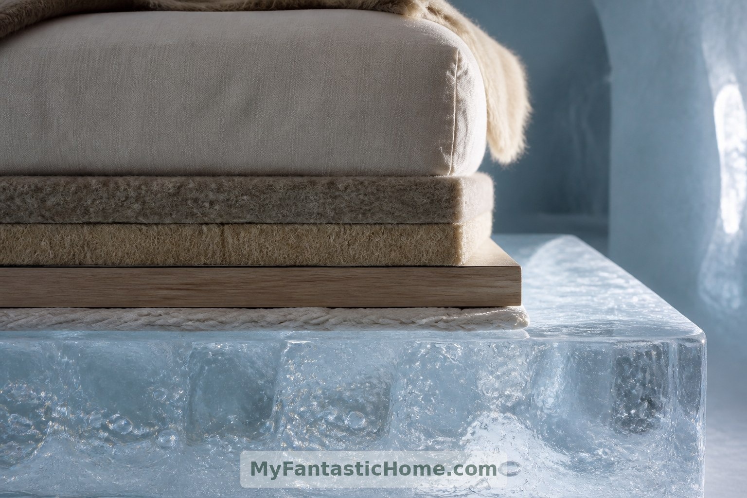 Conceptual bed detail: the visible layers emphasise that cold-room comfort depends on an appropriate sleeping system.