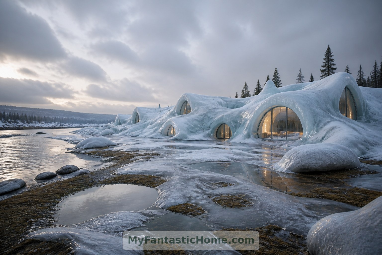 Conceptual spring exterior: softening edges illustrate the temporary nature of seasonal ice-and-snow architecture.