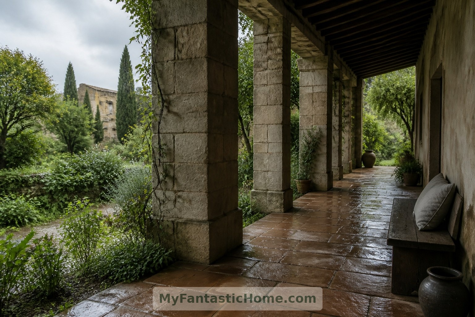 A sheltered loggia extends the garden's use in this imagined design, offering a dry place to sit after rain.