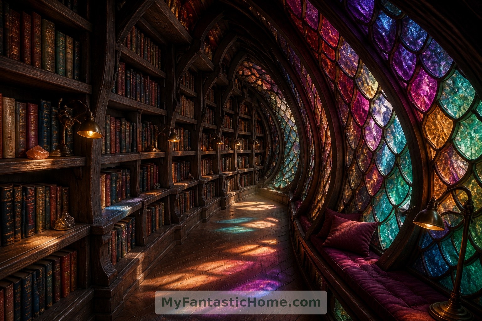 The library’s stepped shelving leaves jewel-toned scale-windows uncovered, bringing colored daylight to the reading seat.