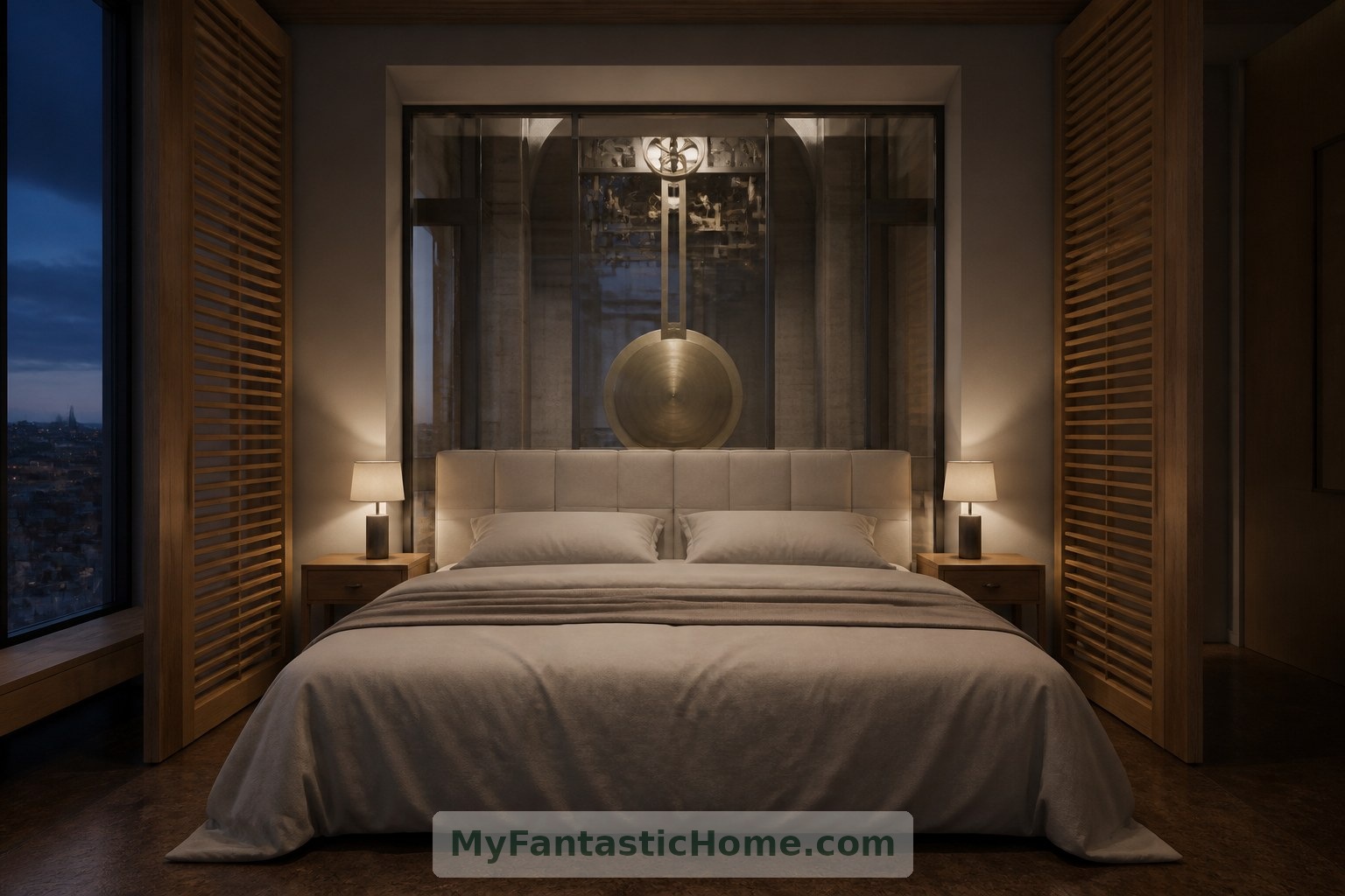 Timber shutters allow the imagined bedroom to open toward the pendulum chamber or retreat into privacy.
