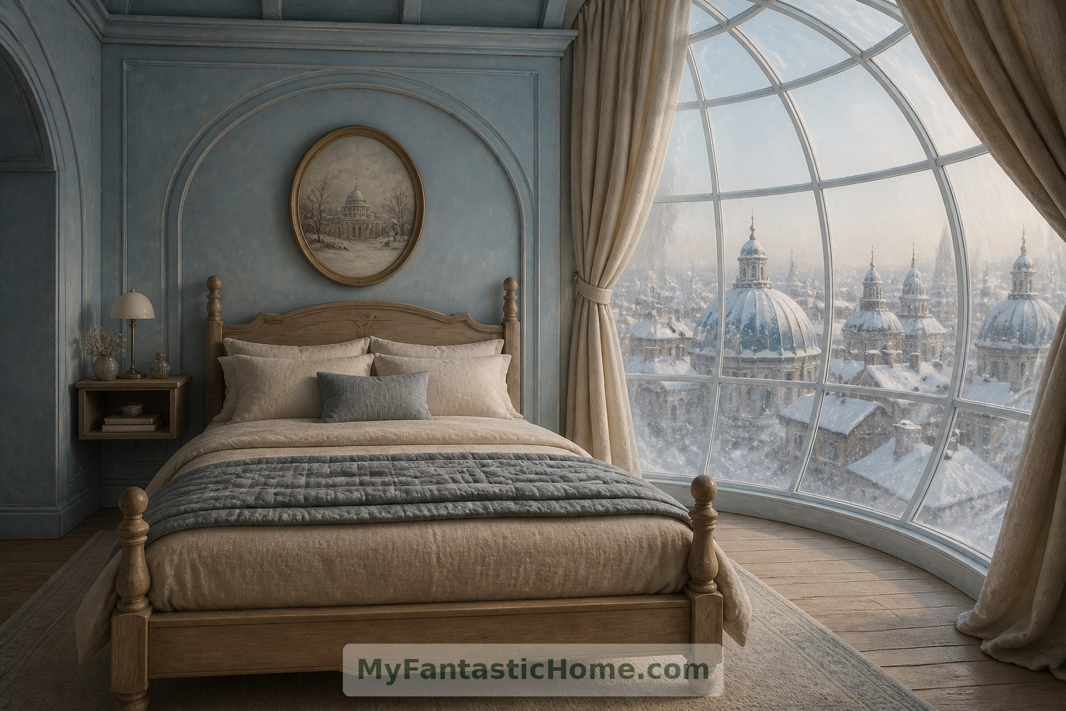 Oatmeal linen and chalky blue walls bring a quieter palette to the bedroom beneath the globe.