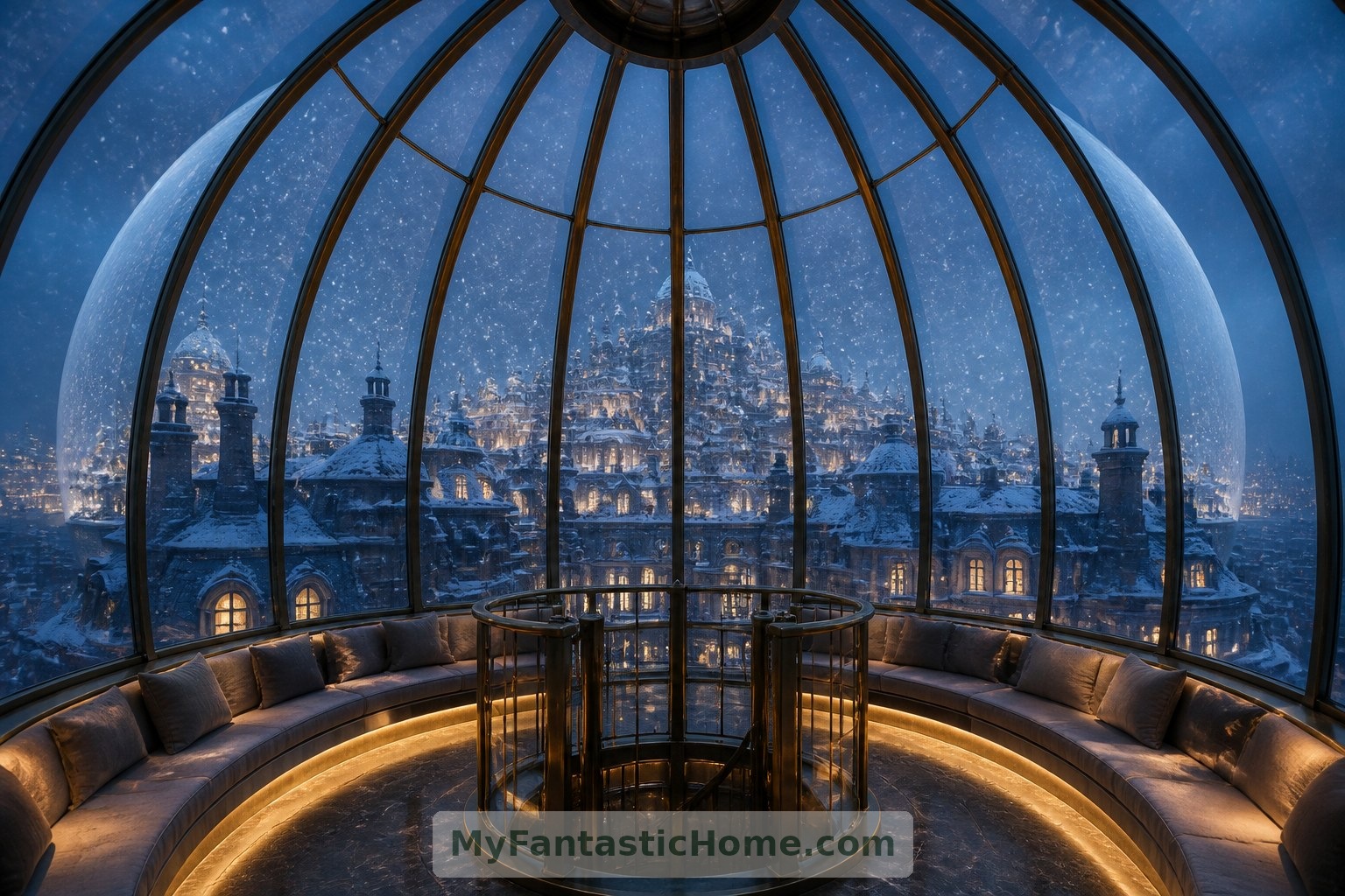 From the fictional lantern room, rooflines and falling snow reveal the full sweep of the enclosing dome.