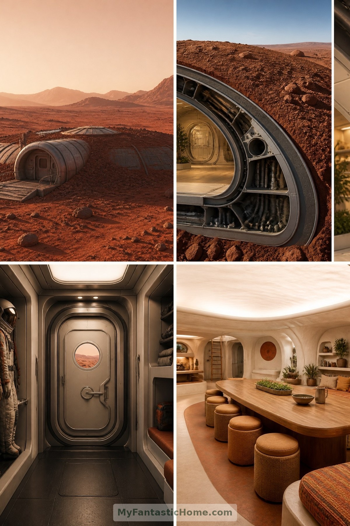 Mars Homestead Concepts: Imagining Daily Life Beneath Protective Regolith — four-image collage cover