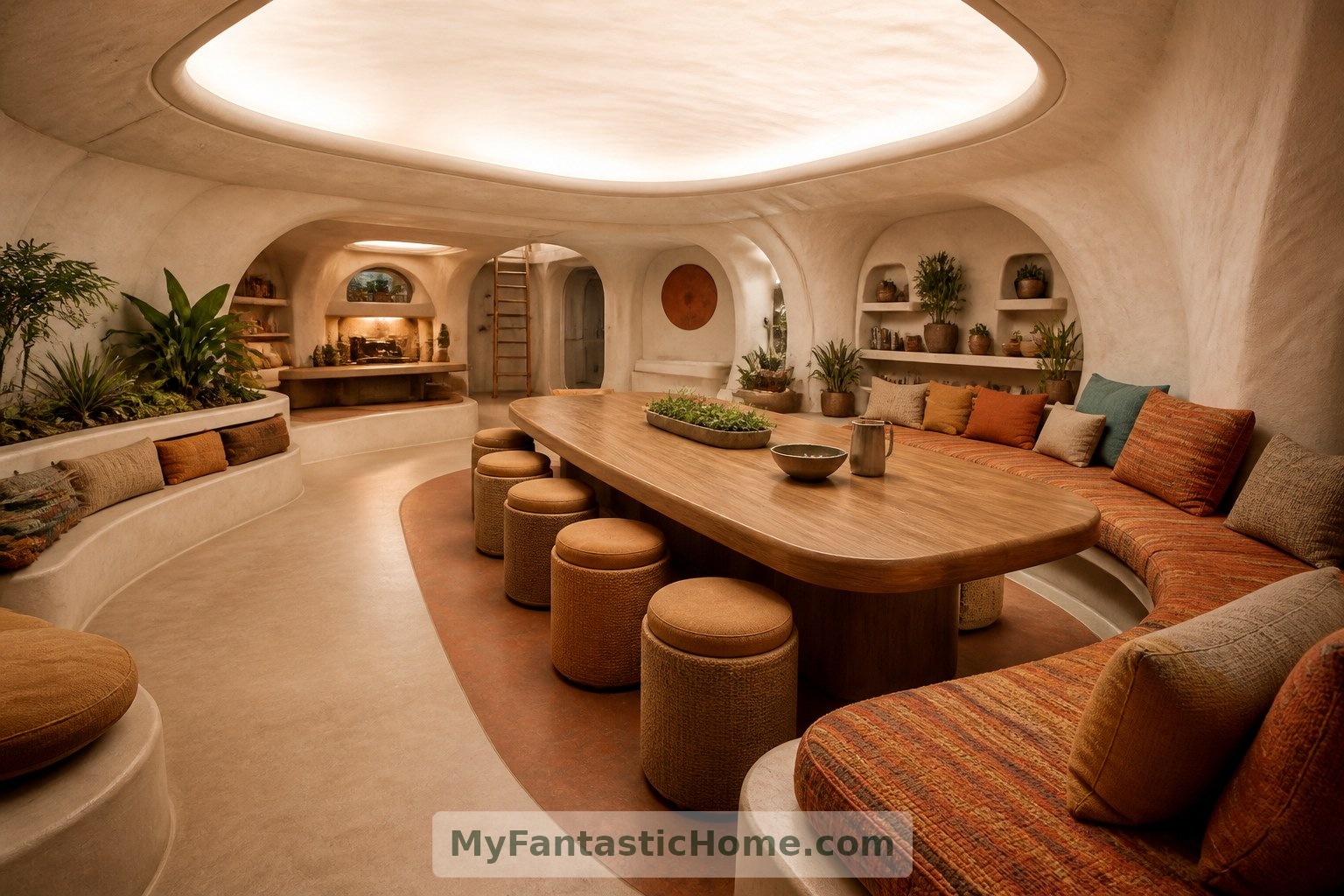 A shared table, soft seating and luminous ceiling panel give the speculative habitat a welcoming social center.