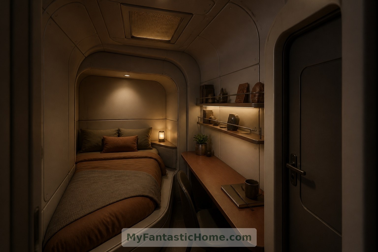 The fictional sleeping cabin prioritizes personal space, controllable light and separation from communal activity.