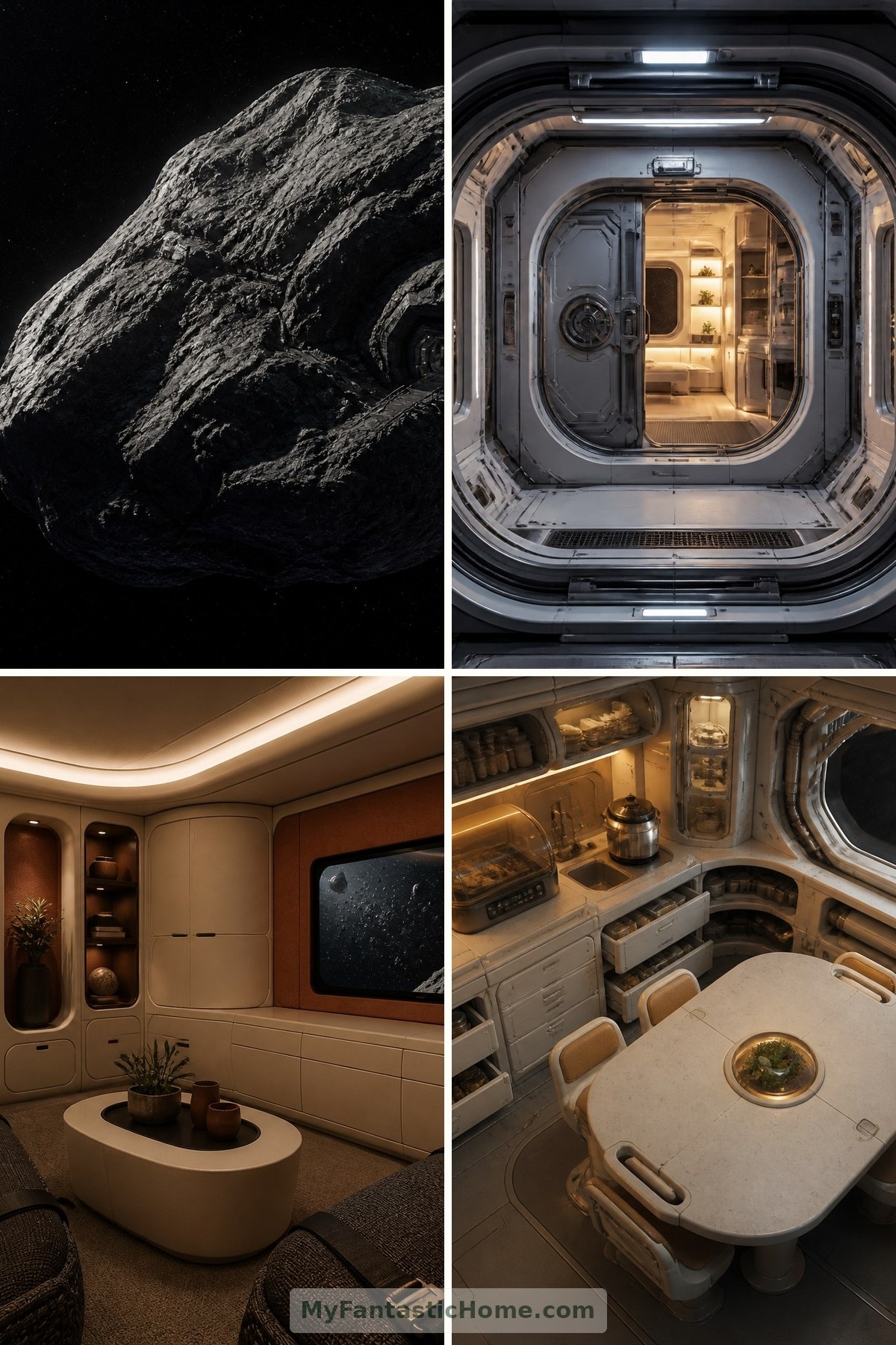 Could We Live Inside an Asteroid? Speculative Homes Carved into Space Rock — four-image collage cover