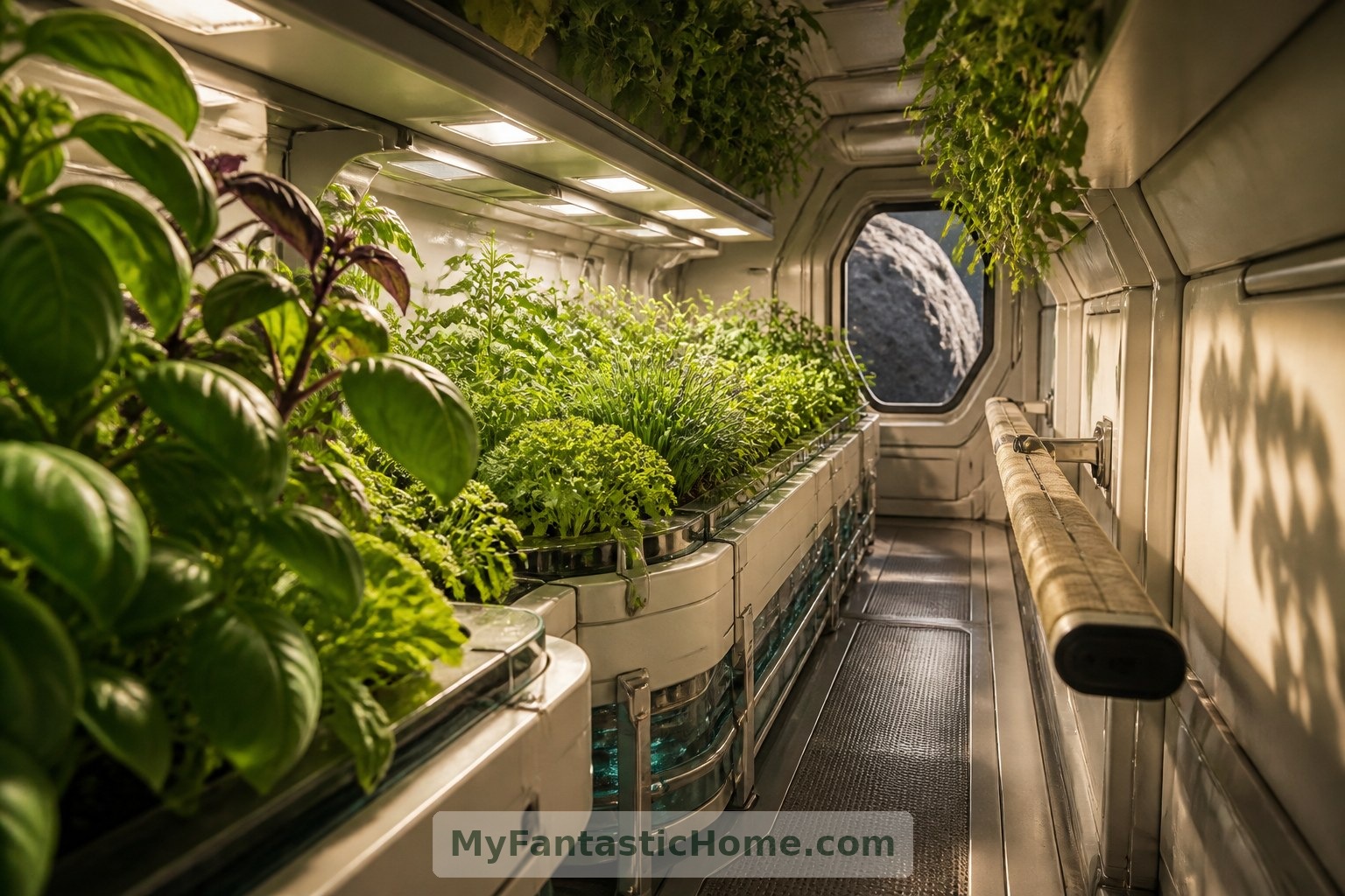 An imagined growing room offers greenery and herbs, but would not replace dependable life-support systems or food supplies.