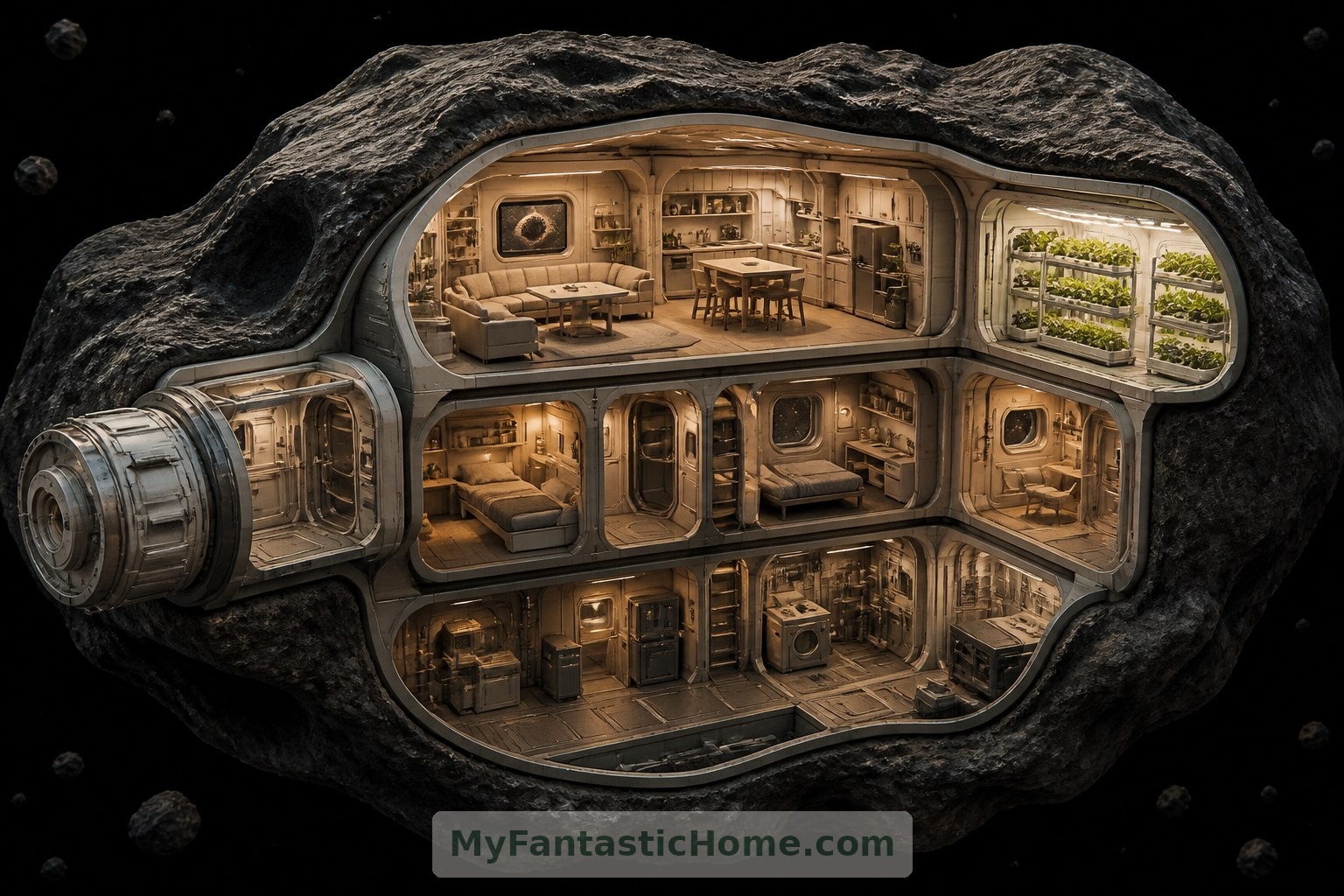 This conceptual cutaway gathers the home's protective layers, shared spaces and private retreats into one imagined refuge.