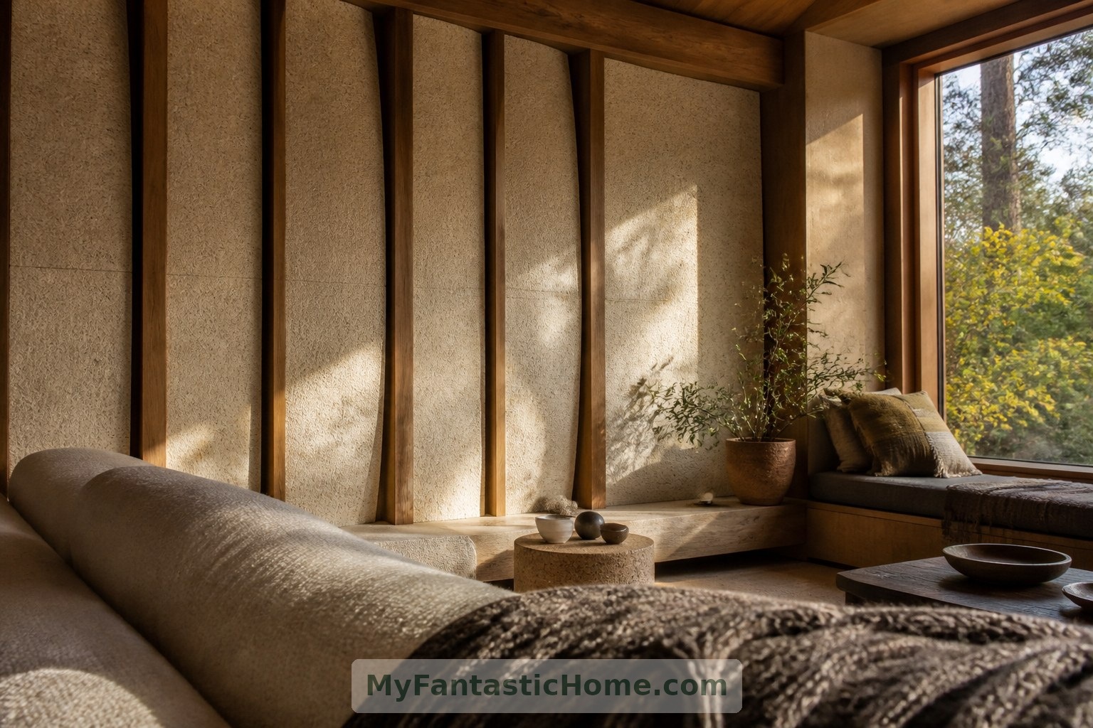 This fictional living room explores textured acoustic panels, whose performance would require product-specific evidence.