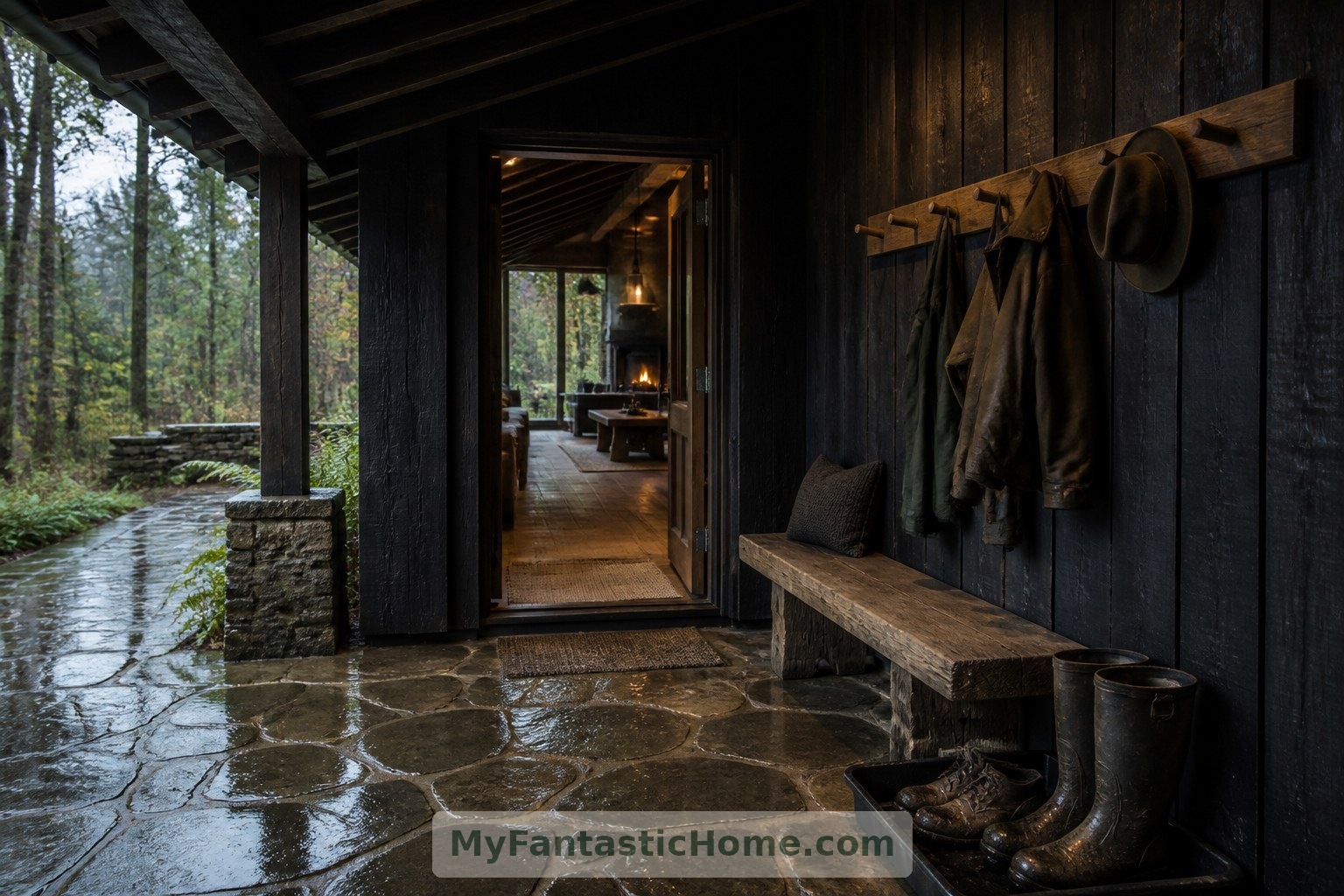 The imagined covered entrance provides a useful transition between wet woodland paths and warm interiors.