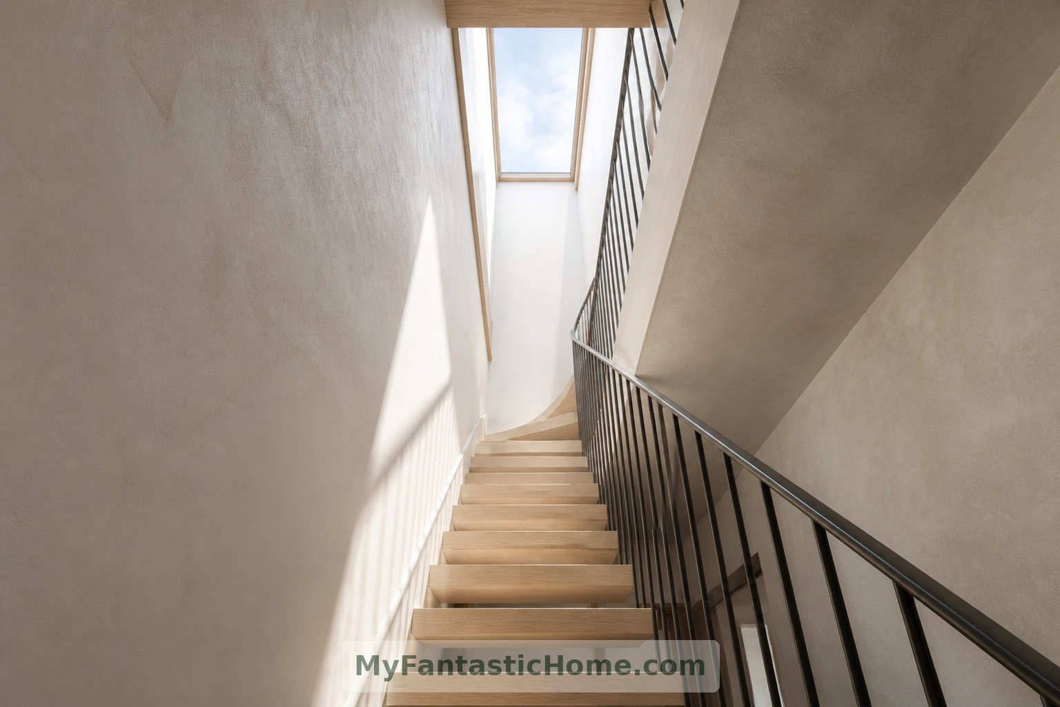 A rooflight above the timber staircase introduces daylight into the imagined home's vertical circulation space.