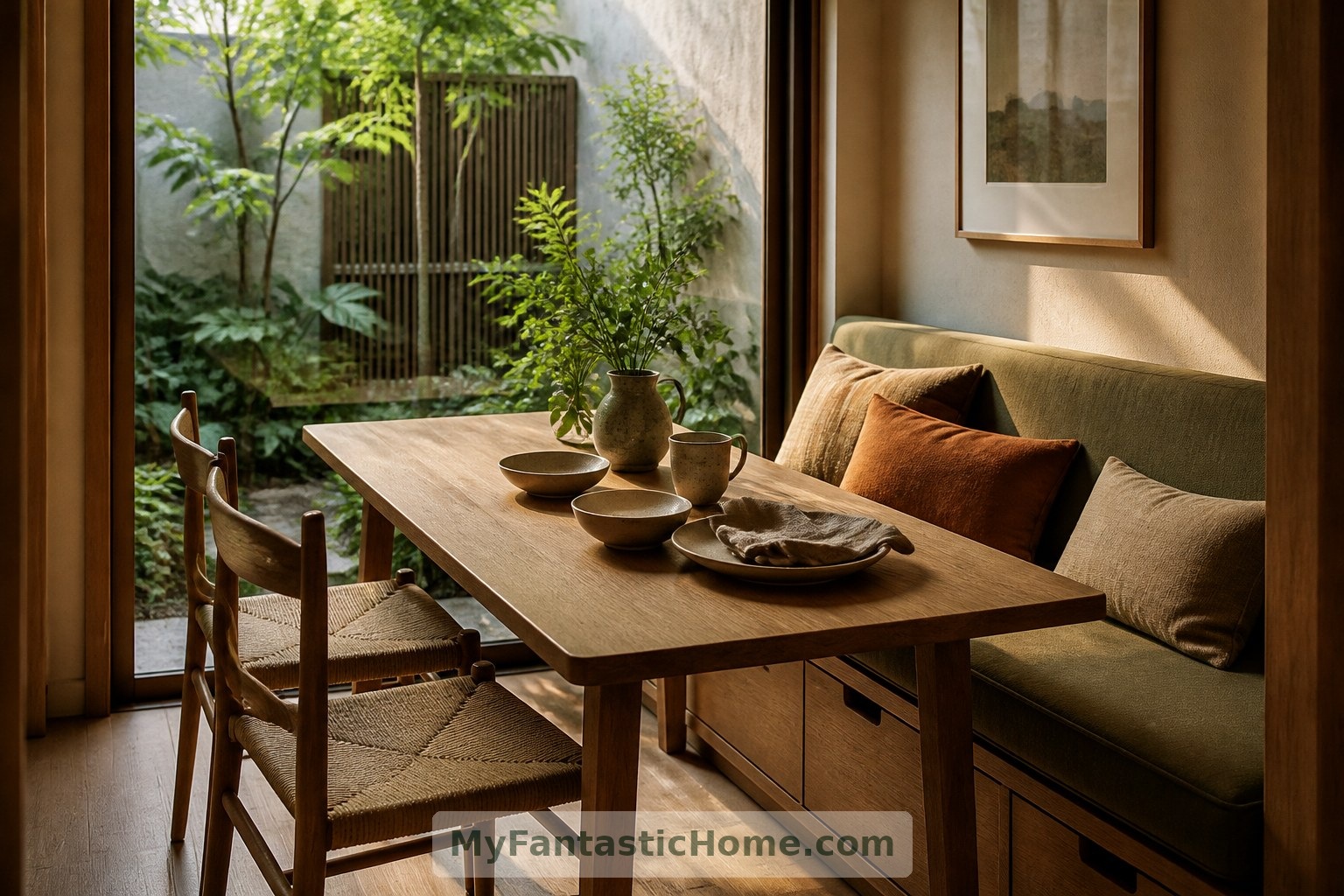 A courtyard-side dining bench combines comfortable seating with discreet storage beneath.