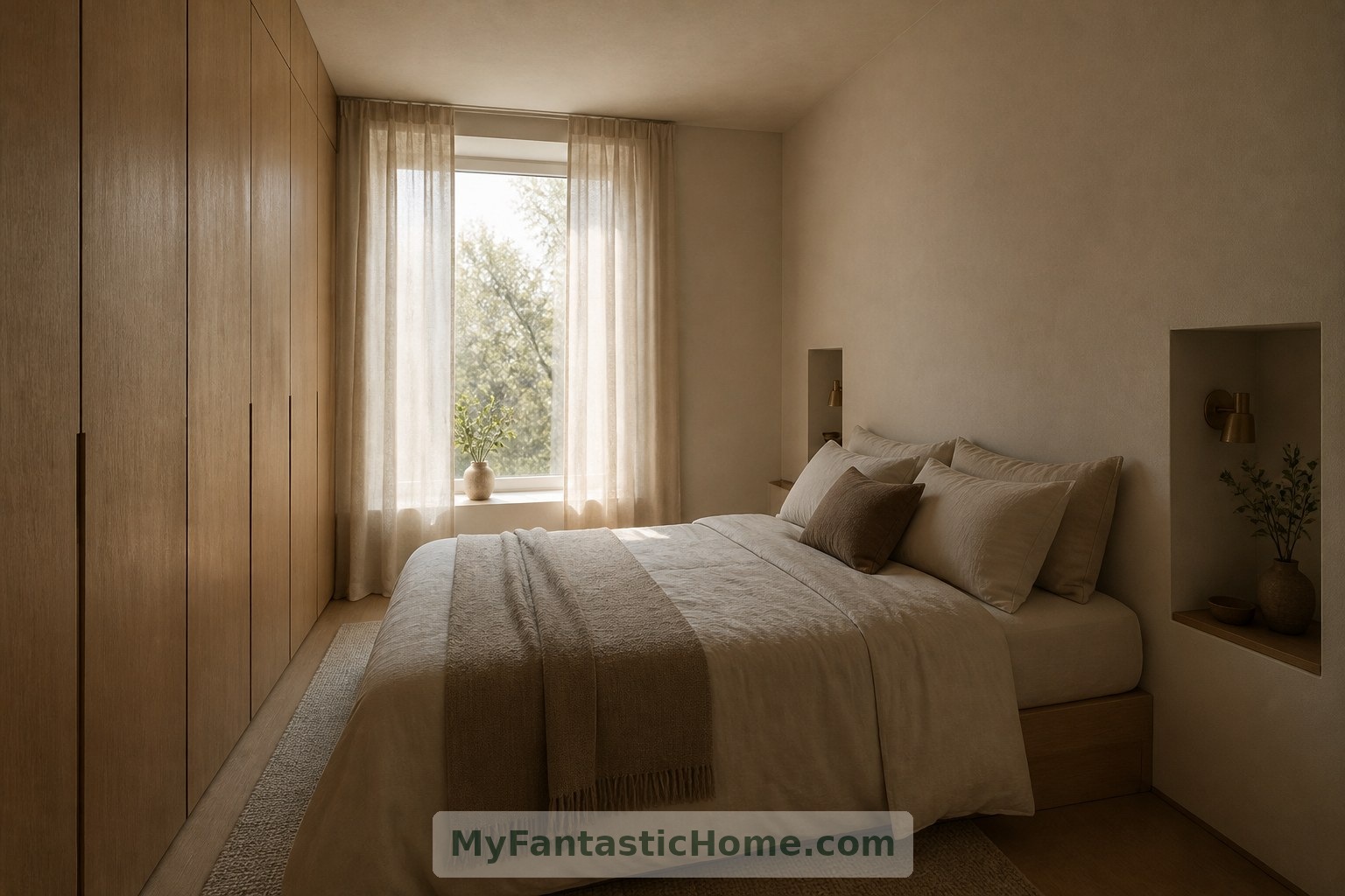 Integrated wardrobes and bedside niches reduce the need for freestanding furniture in the conceptual bedroom.