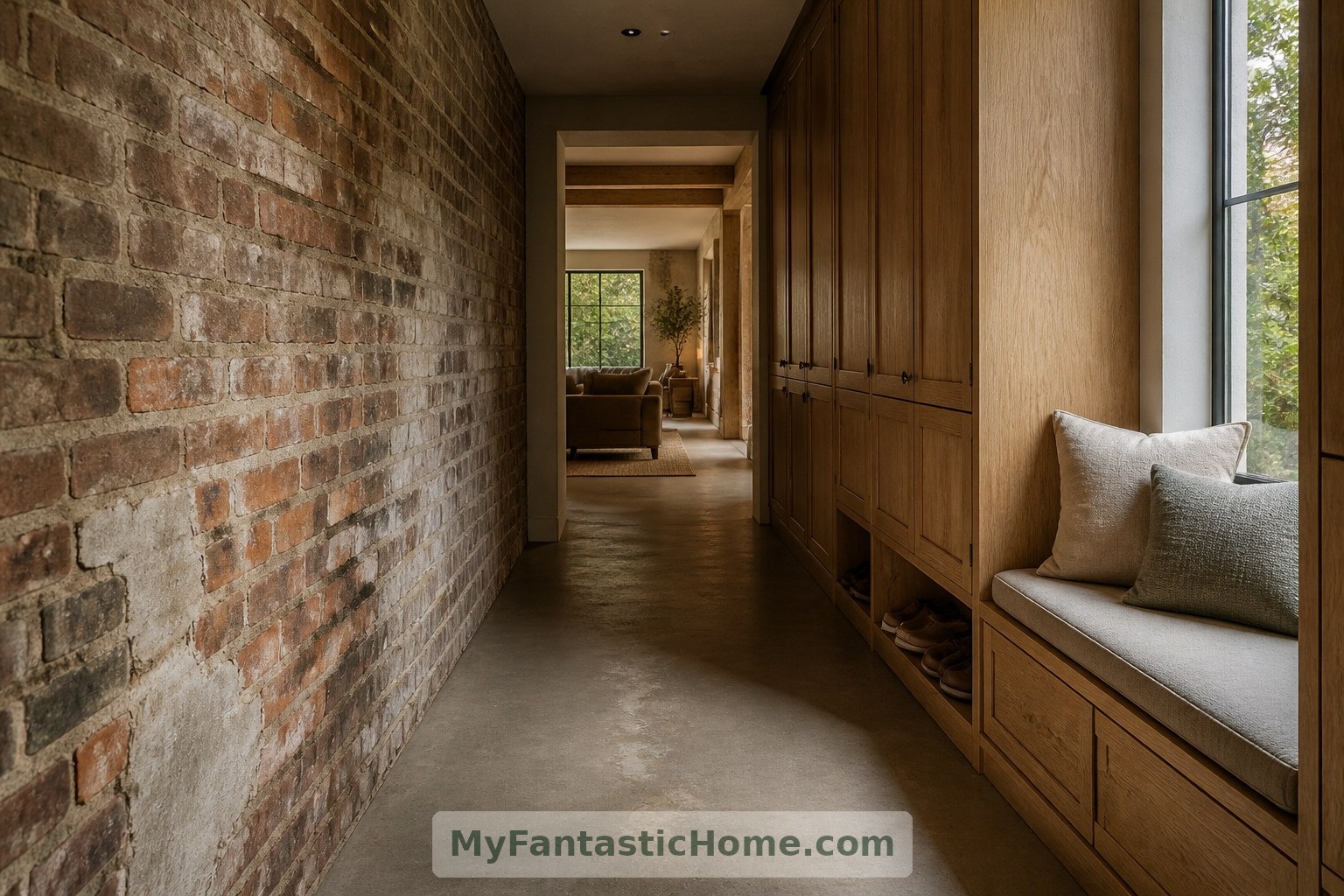 Built-in cupboards and a window seat make the proposed entrance passage useful for daily family life.