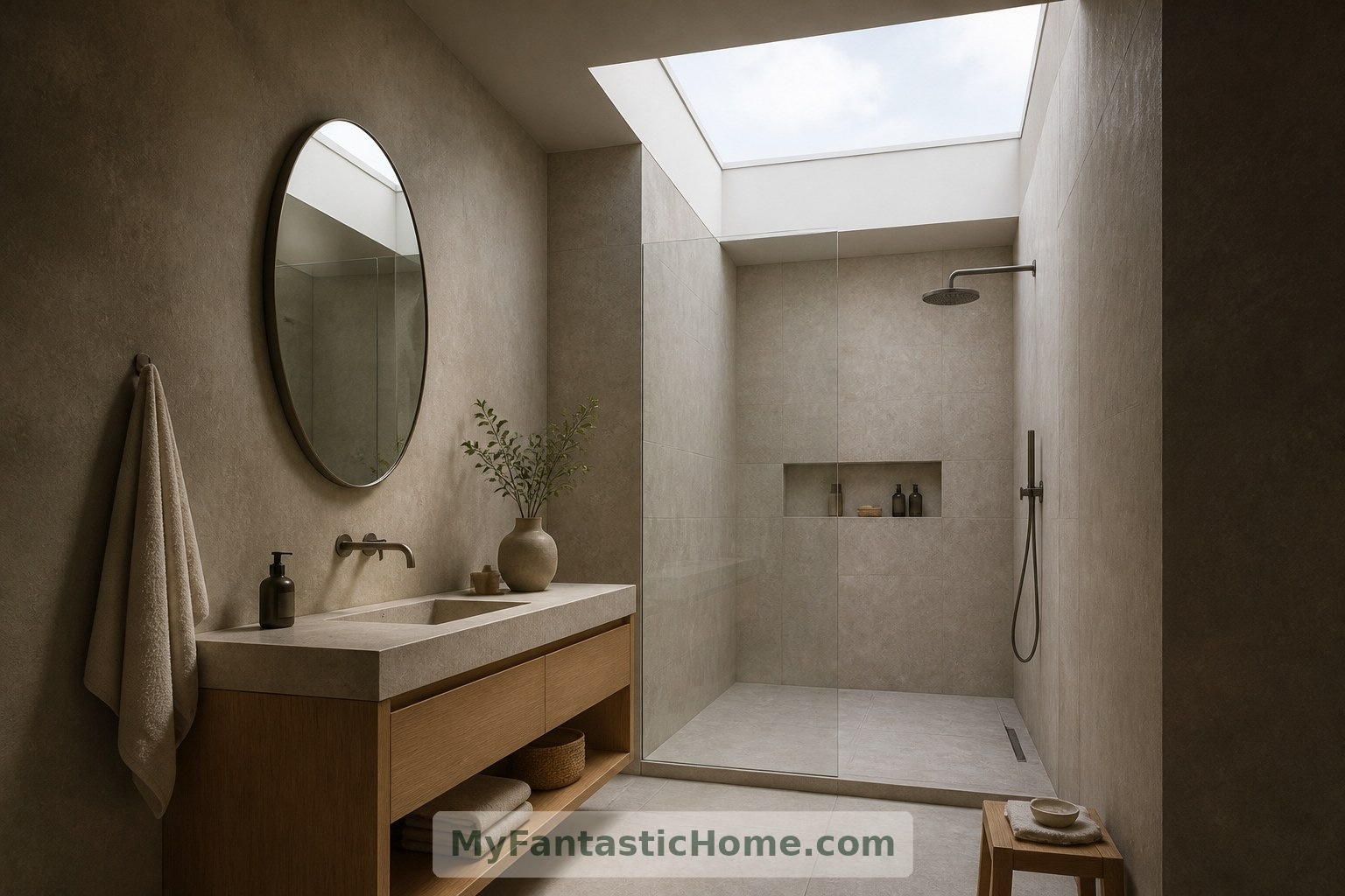 A rooflight brings daylight into the proposed bathroom without relying on large eye-level windows.